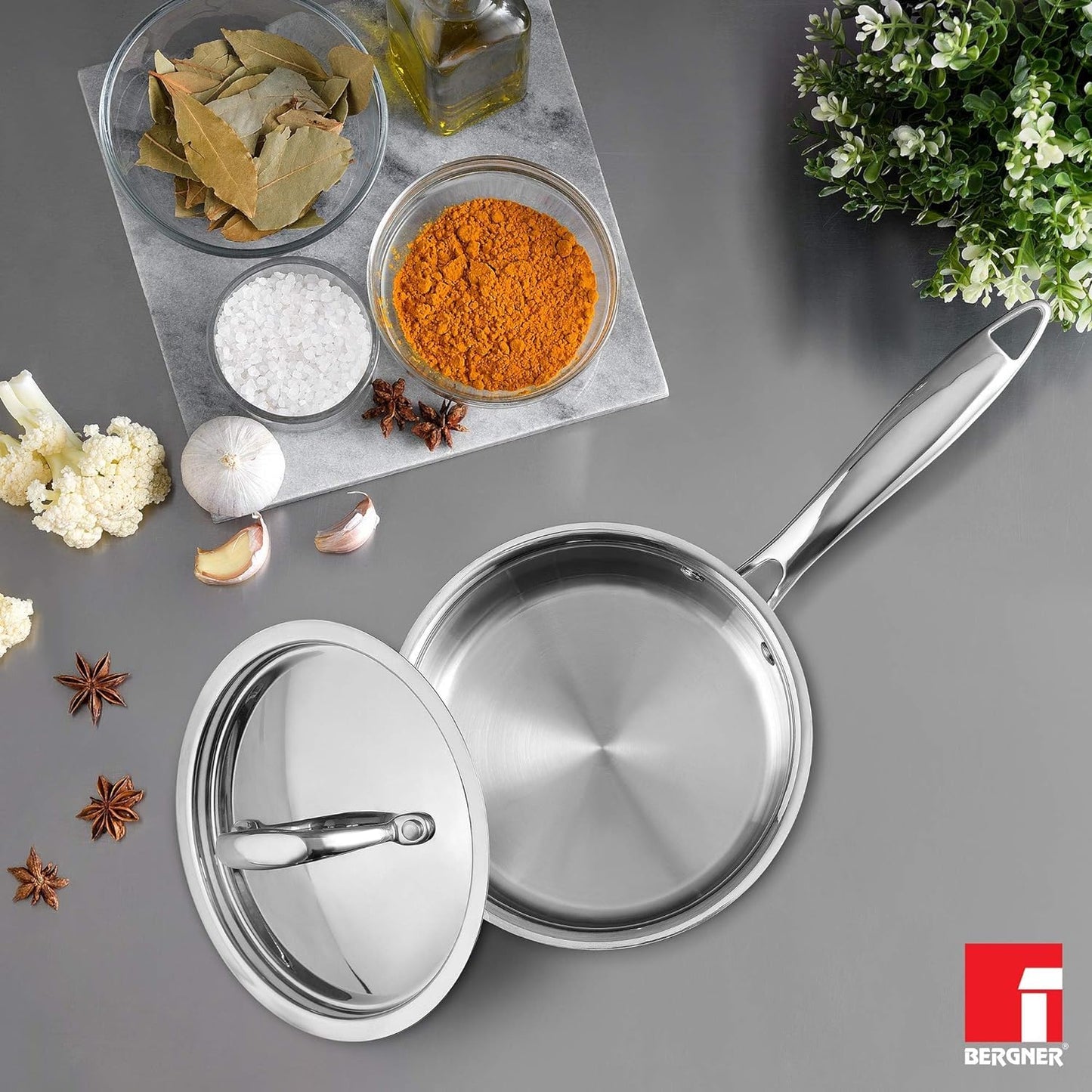 Bergner Argent TriPly Stainless Steel 18 cm Saucepan with Stainless Steel Lid, Stay Cool Cast Handle, Food Safe, Durable, Dishwasher Safe, Induction and Gas Ready