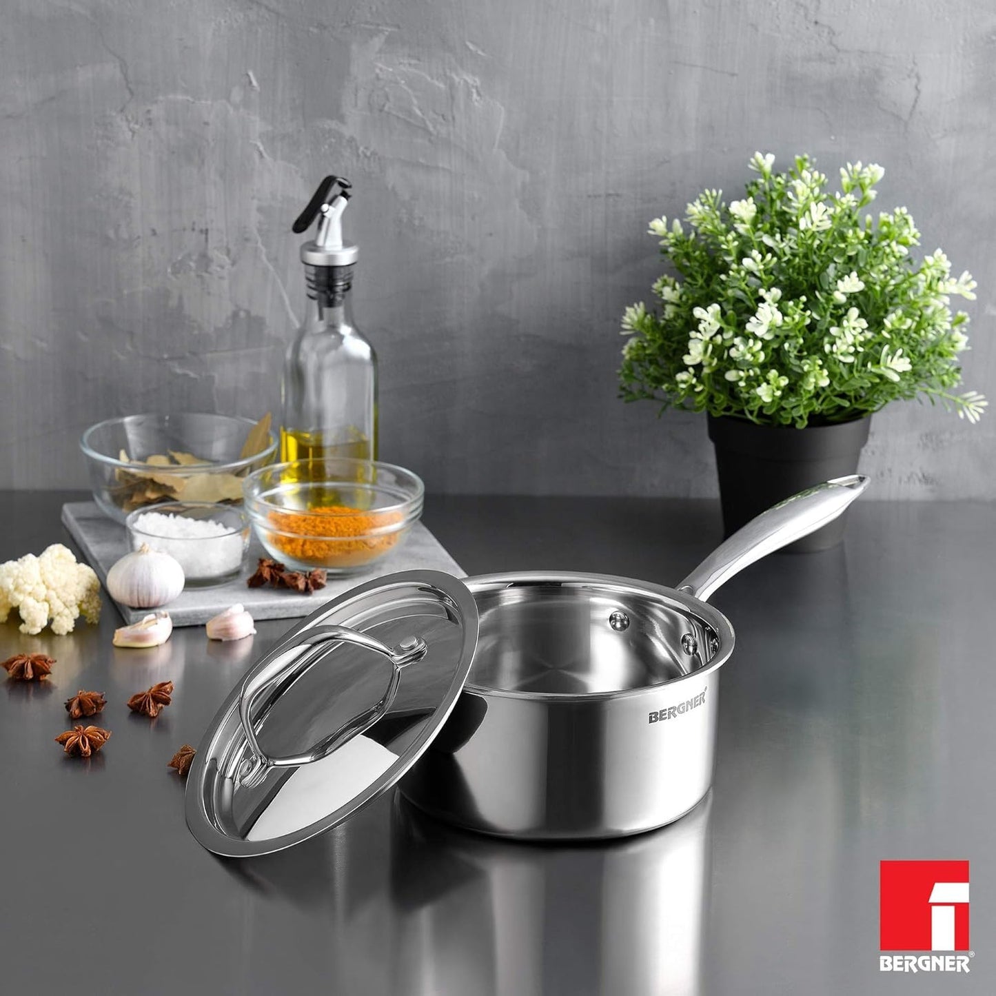 Bergner Argent TriPly Stainless Steel 18 cm Saucepan with Stainless Steel Lid, Stay Cool Cast Handle, Food Safe, Durable, Dishwasher Safe, Induction and Gas Ready