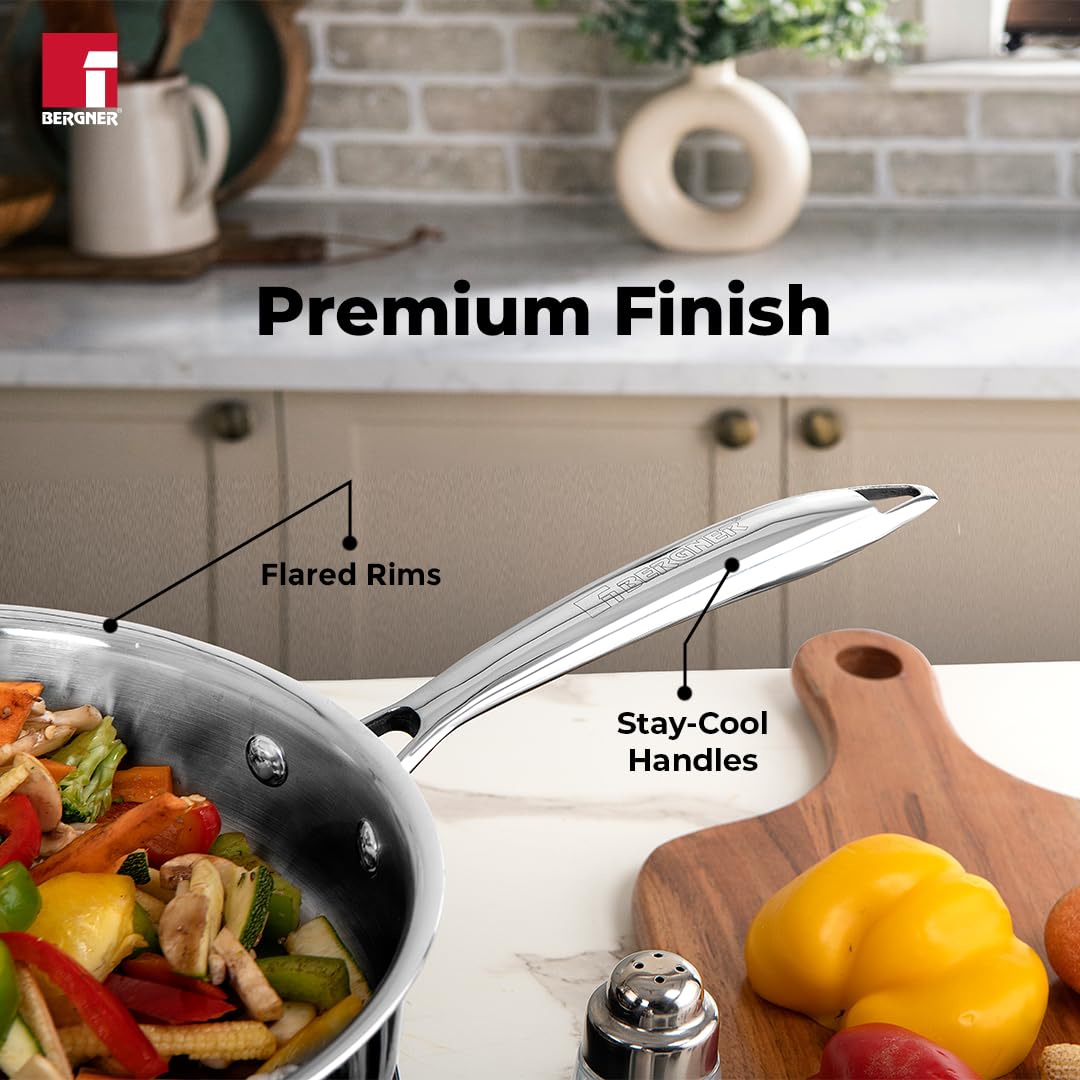 BERGNER Argent TriPly Stainless Steel Sautepan with Stainless Steel Lid, Saute Pan, Stay Cool Cast Handle, Food Safe, Durable, Dishwasher Safe, Induction and Gas Ready