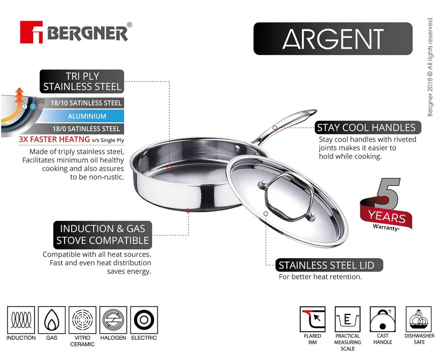 BERGNER Argent TriPly Stainless Steel Sautepan with Stainless Steel Lid, Saute Pan, Stay Cool Cast Handle, Food Safe, Durable, Dishwasher Safe, Induction and Gas Ready