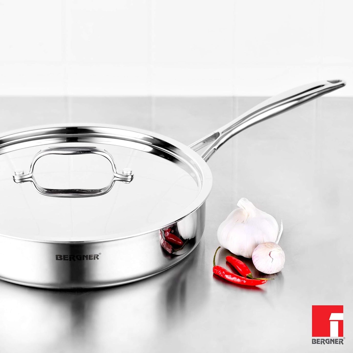 BERGNER Argent TriPly Stainless Steel Sautepan with Stainless Steel Lid, Saute Pan, Stay Cool Cast Handle, Food Safe, Durable, Dishwasher Safe, Induction and Gas Ready