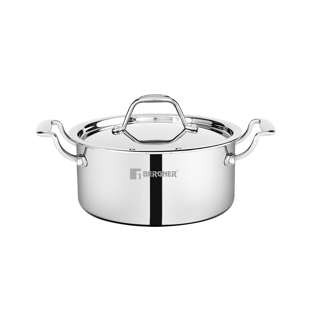 Bergner Argent TriPly Stainless Steel  Casserole with Stainless Steel Lid, Stay Cool Cast Handle, Food Safe, Durable, Dishwasher Safe, Induction and Gas Ready,