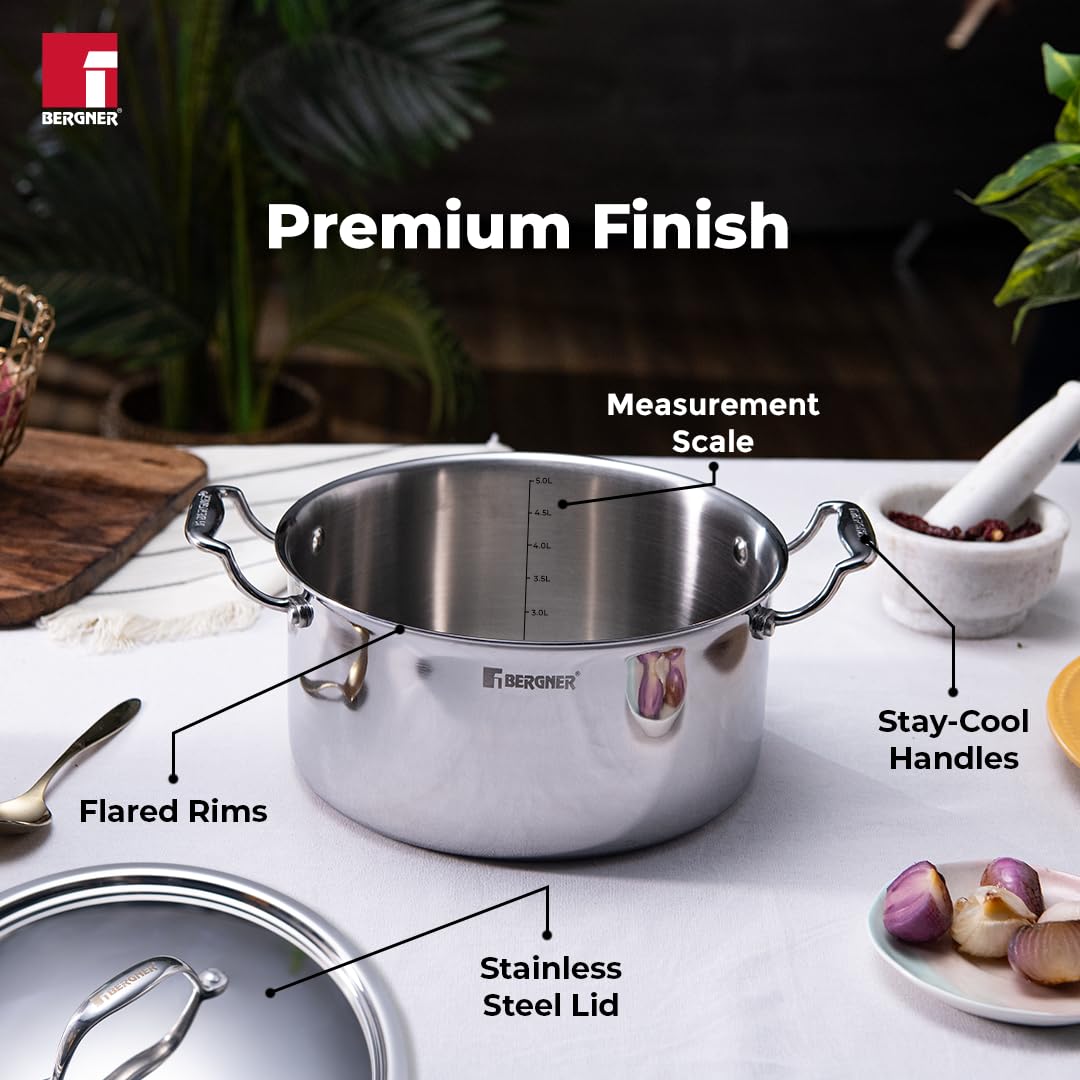 Bergner Argent TriPly Stainless Steel  Casserole with Stainless Steel Lid, Stay Cool Cast Handle, Food Safe, Durable, Dishwasher Safe, Induction and Gas Ready,