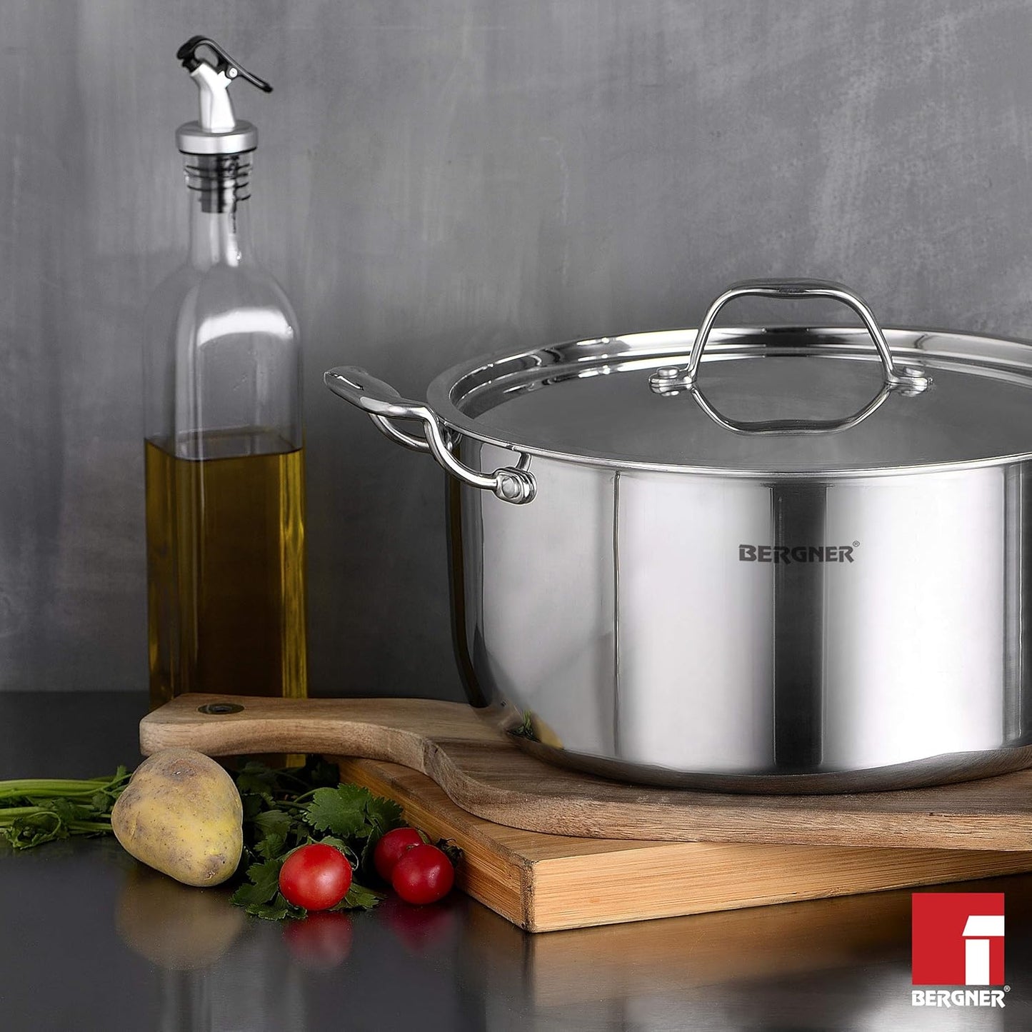 Bergner Argent TriPly Stainless Steel  Casserole with Stainless Steel Lid, Stay Cool Cast Handle, Food Safe, Durable, Dishwasher Safe, Induction and Gas Ready,