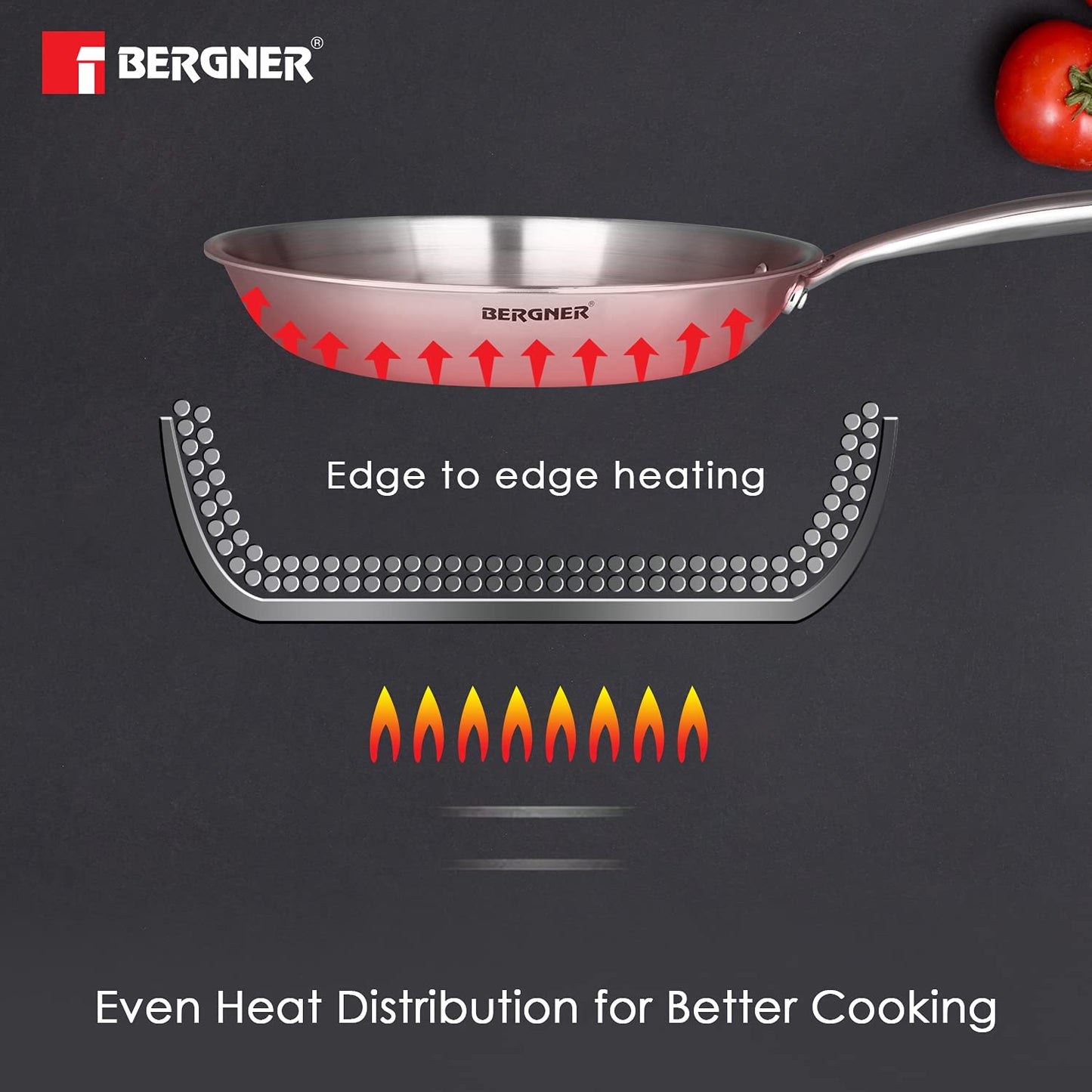 BERGNER Argent TriPly Frypan/Steel Pan, Scratch Resistant, for Spice Tempering/Seasoning, Stay Cool Long Handle, Mirror Finish, Easy to Clean, Induction and Gas Stove Ready