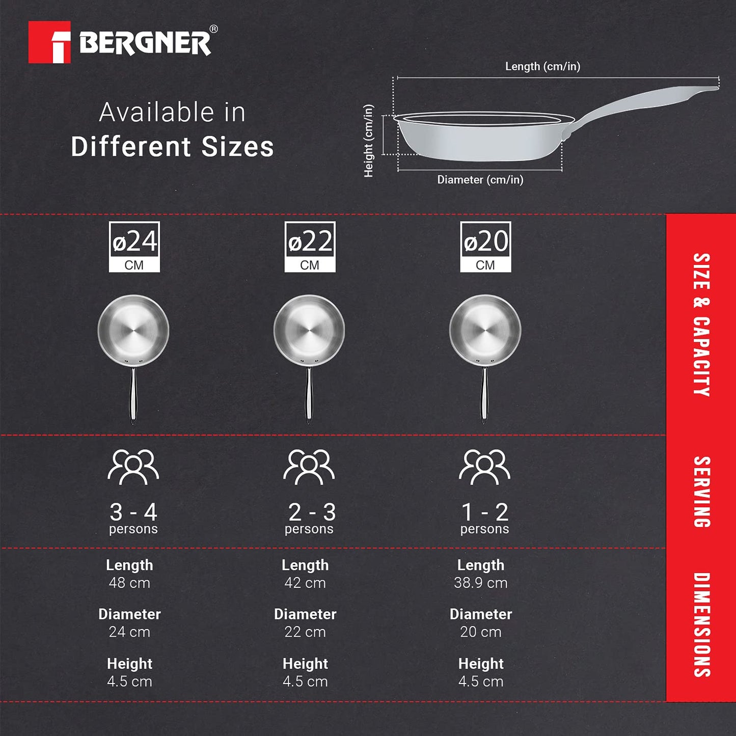 BERGNER Argent TriPly Frypan/Steel Pan, Scratch Resistant, for Spice Tempering/Seasoning, Stay Cool Long Handle, Mirror Finish, Easy to Clean, Induction and Gas Stove Ready