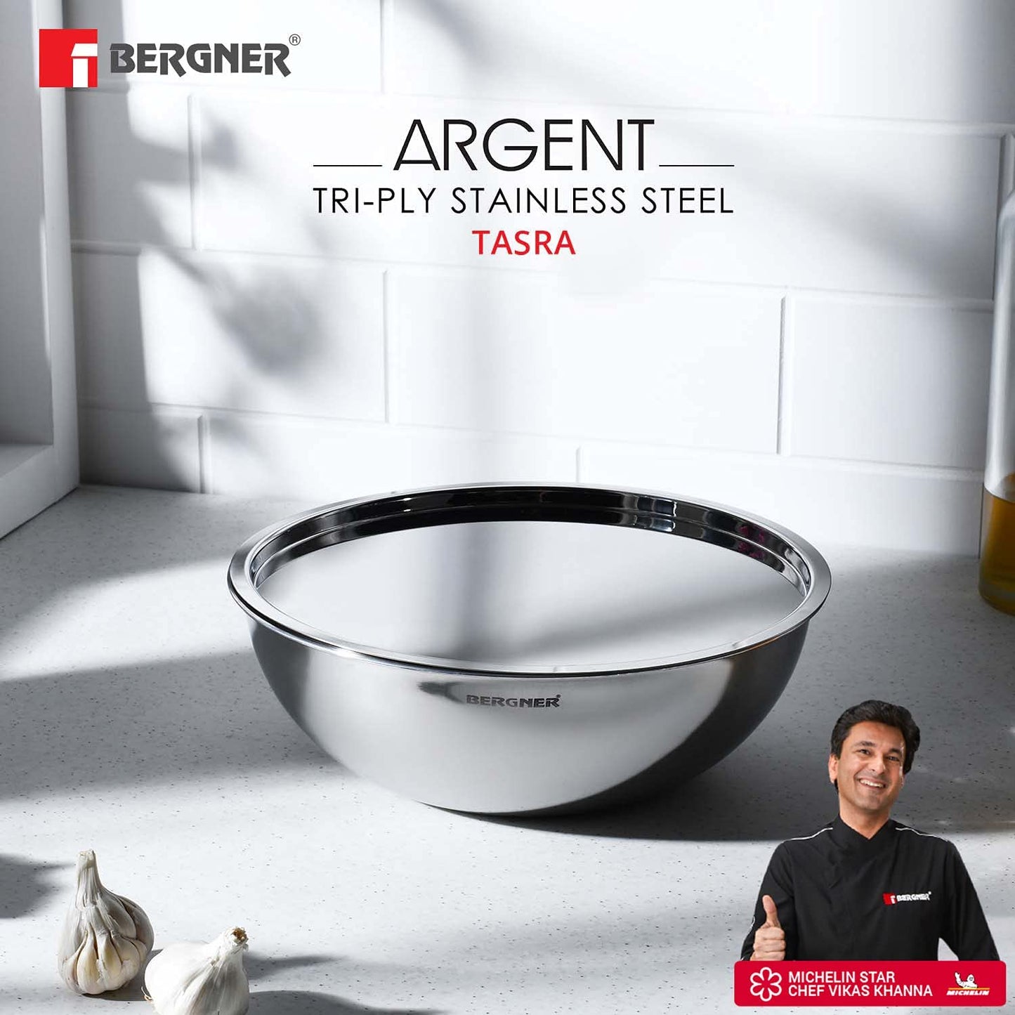 Bergner Argent TriPly Stainless Steel Tasra with Stainless Steel Lid, Tasla with Lid, Food Safe, Flared Rim, Durable, Dishwasher Safe,