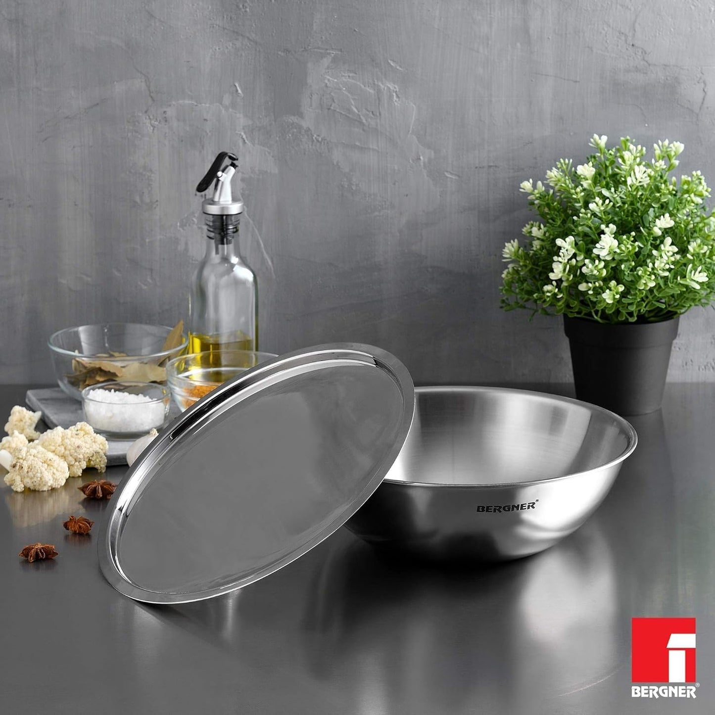 Bergner Argent TriPly Stainless Steel Tasra with Stainless Steel Lid, Tasla with Lid, Food Safe, Flared Rim, Durable, Dishwasher Safe,