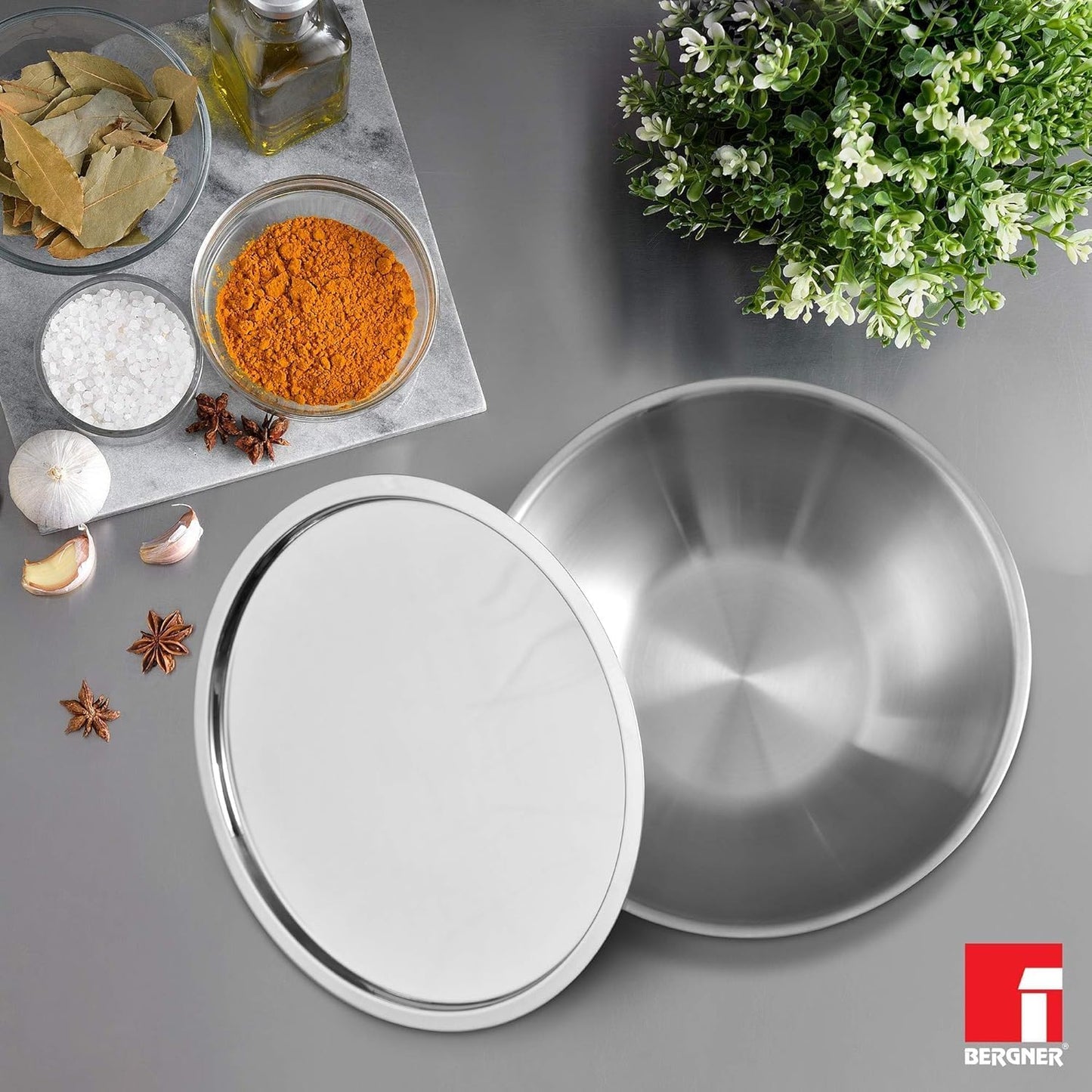 Bergner Argent TriPly Stainless Steel Tasra with Stainless Steel Lid, Tasla with Lid, Food Safe, Flared Rim, Durable, Dishwasher Safe,