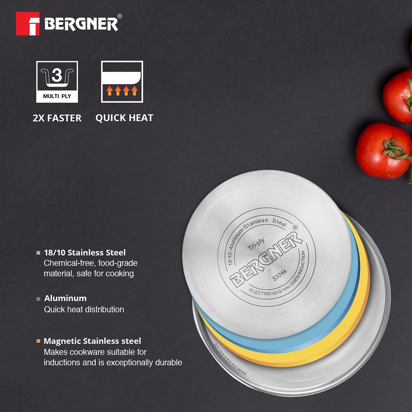 Bergner Argent TriPly Stainless Steel Tasra with Stainless Steel Lid, Tasla with Lid, Food Safe, Flared Rim, Durable, Dishwasher Safe,