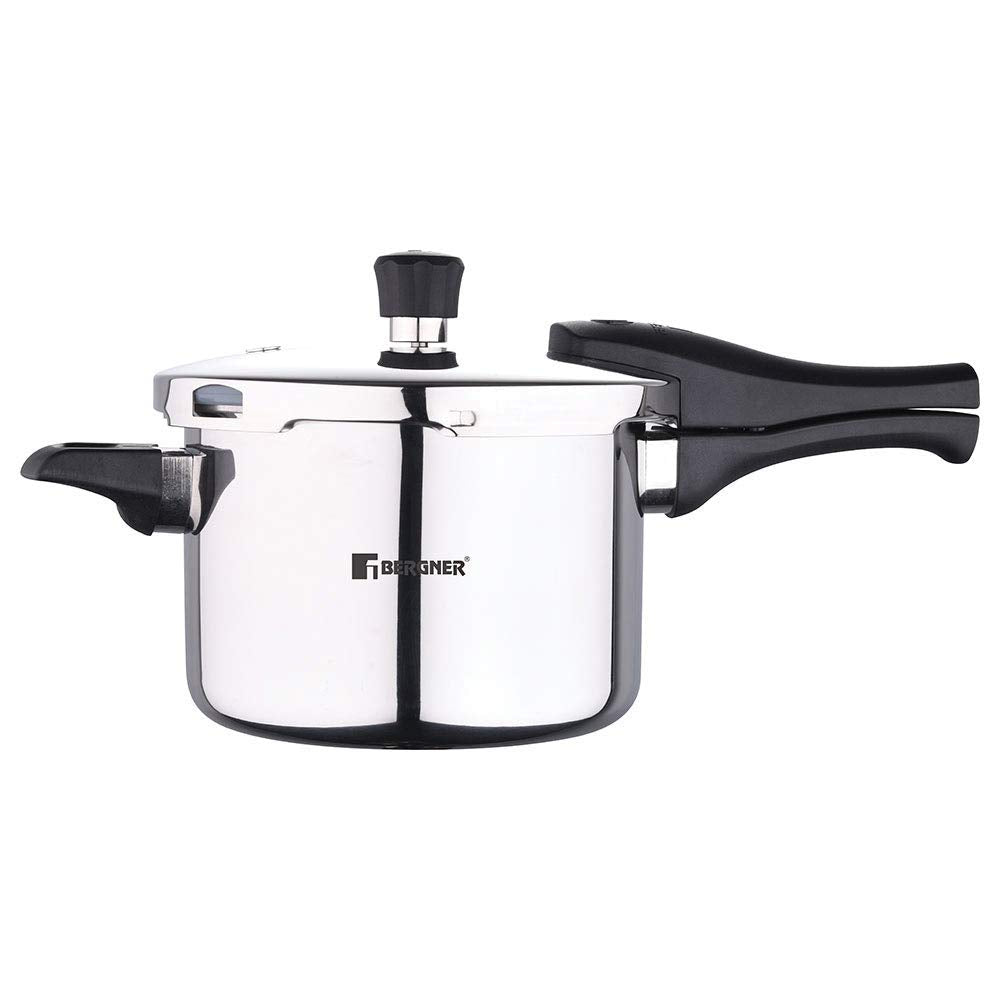 Bergner Argent Elements Triply Stainless Steel Outer Lid Pressure Cooker, Triply Bottom Pressure Cooker, Safety Gasket and GRS, Mirror Finish, Induction Bottom and Gas Ready - Silver