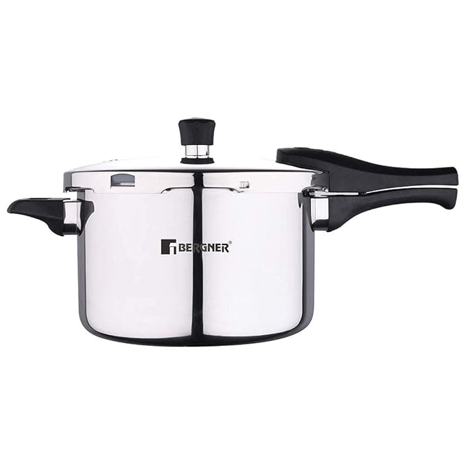 Bergner Argent Elements Triply Stainless Steel Outer Lid Pressure Cooker, Triply Bottom Pressure Cooker, Safety Gasket and GRS, Mirror Finish, Induction Bottom and Gas Ready - Silver