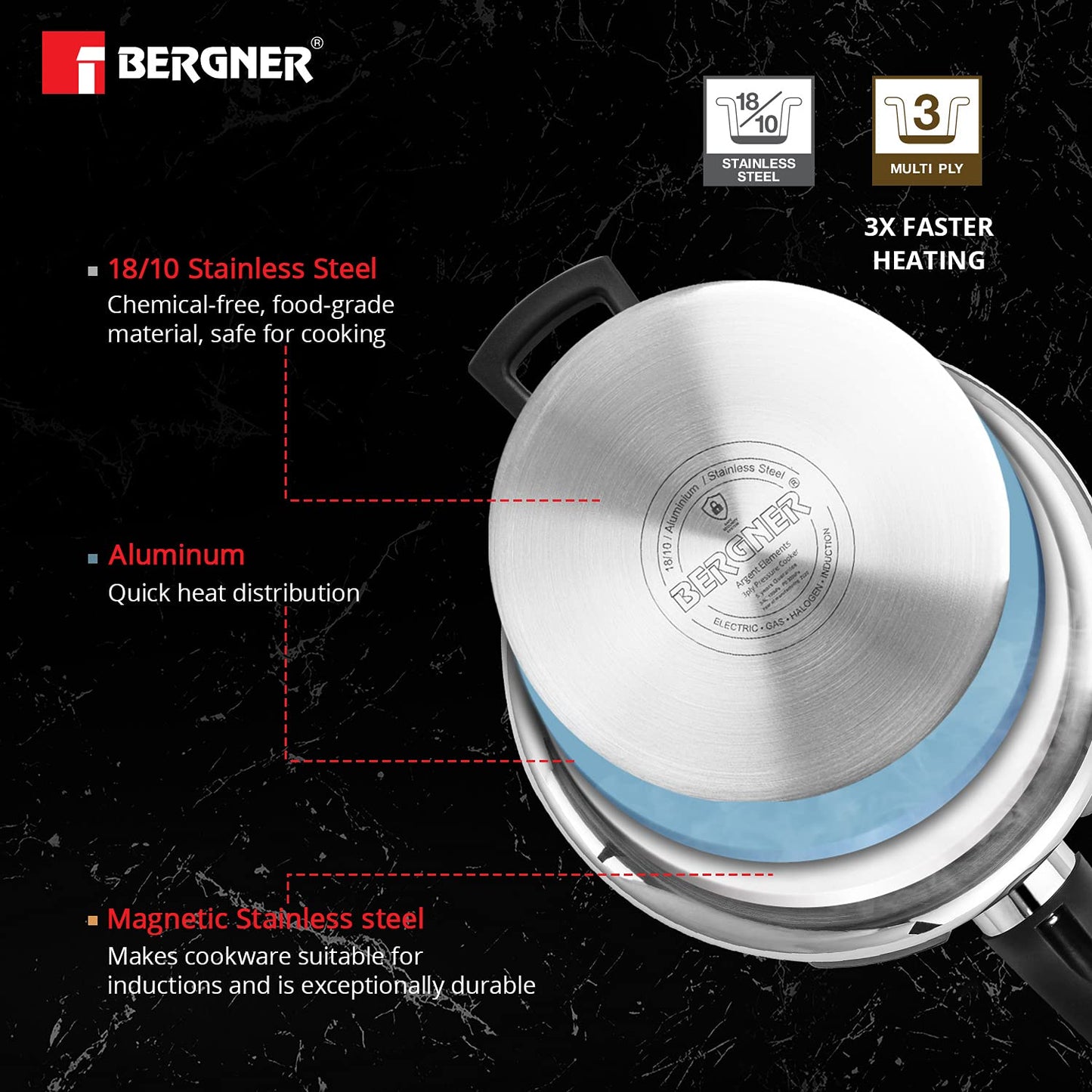 Bergner Argent Elements Triply Stainless Steel Outer Lid Pressure Cooker, Triply Bottom Pressure Cooker, Safety Gasket and GRS, Mirror Finish, Induction Bottom and Gas Ready - Silver