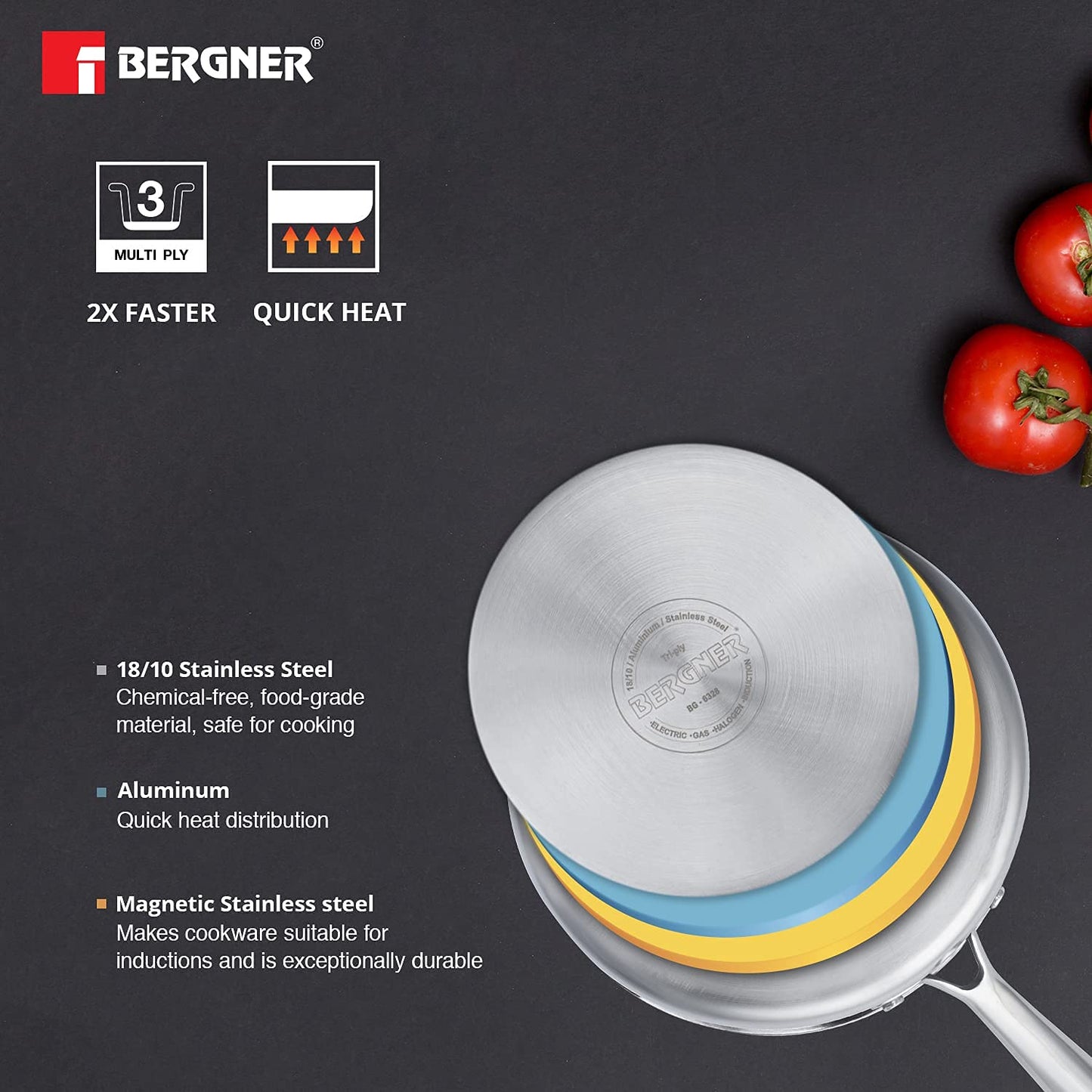 Bergner Argent TriPly Stainless Steel  Milkpan/Saucepan, Stay Cool Cast Handle, Food Safe, Durable, Even Heat Distribution, Dishwasher Safe, Induction and Gas Ready, Silver