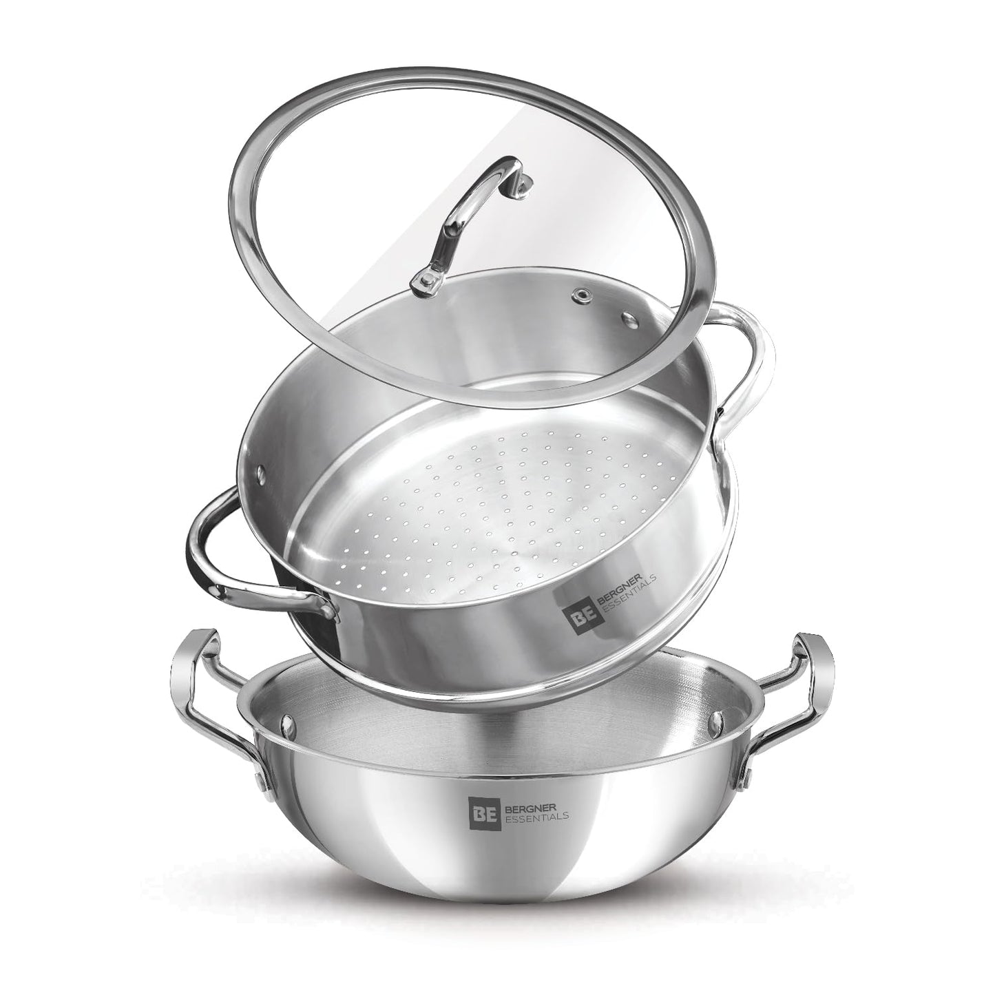 Bergner BE Bergner Essentials Tri-Ply Stainless Steel 3 Pcs Cookware Set of 24 cm Kadai and Steamer with Flat Glass Lid, Kadhai and Steamer Set, Induction, Silver, 5-Year Warranty by Bergner