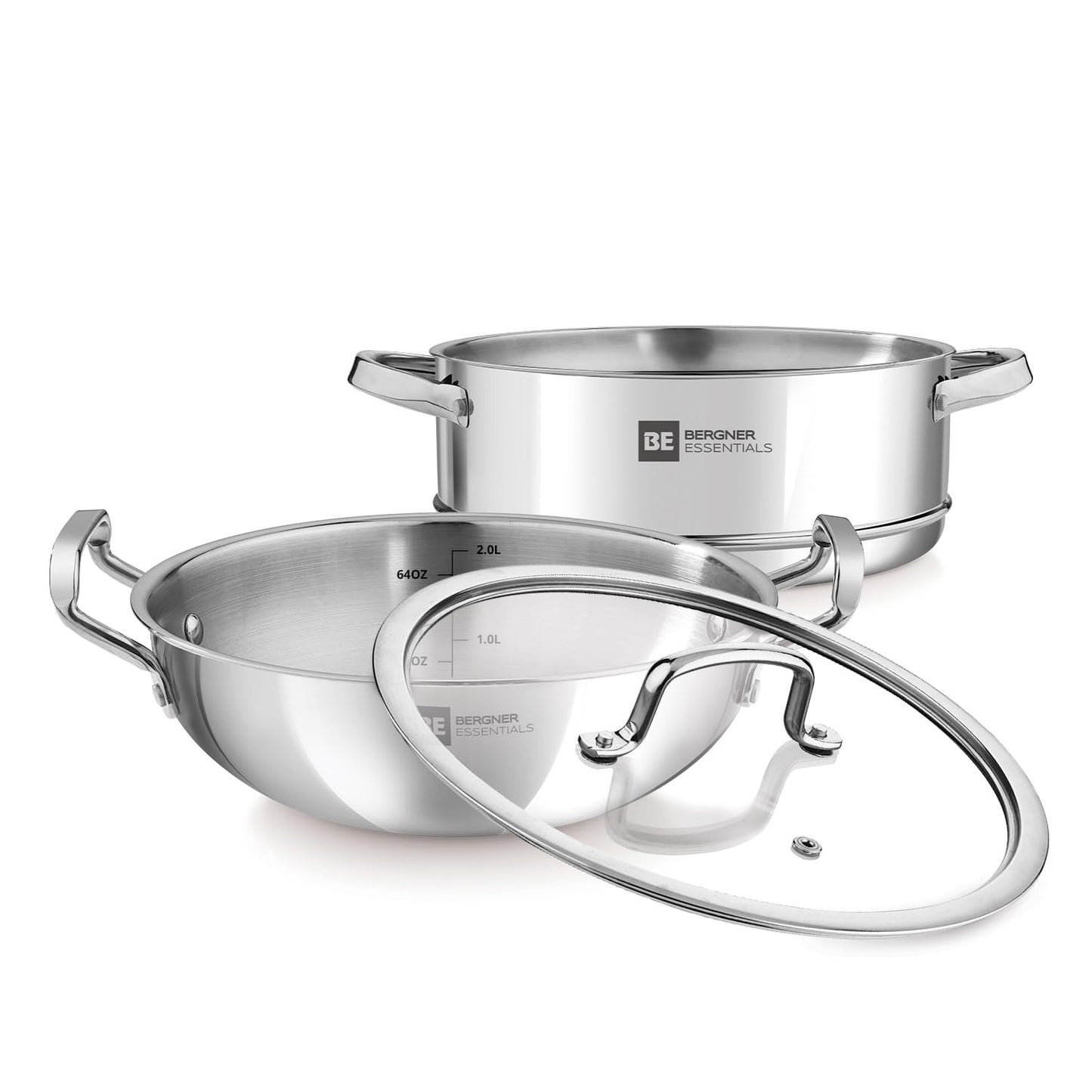 Bergner BE Bergner Essentials Tri-Ply Stainless Steel 3 Pcs Cookware Set of 24 cm Kadai and Steamer with Flat Glass Lid, Kadhai and Steamer Set, Induction, Silver, 5-Year Warranty by Bergner