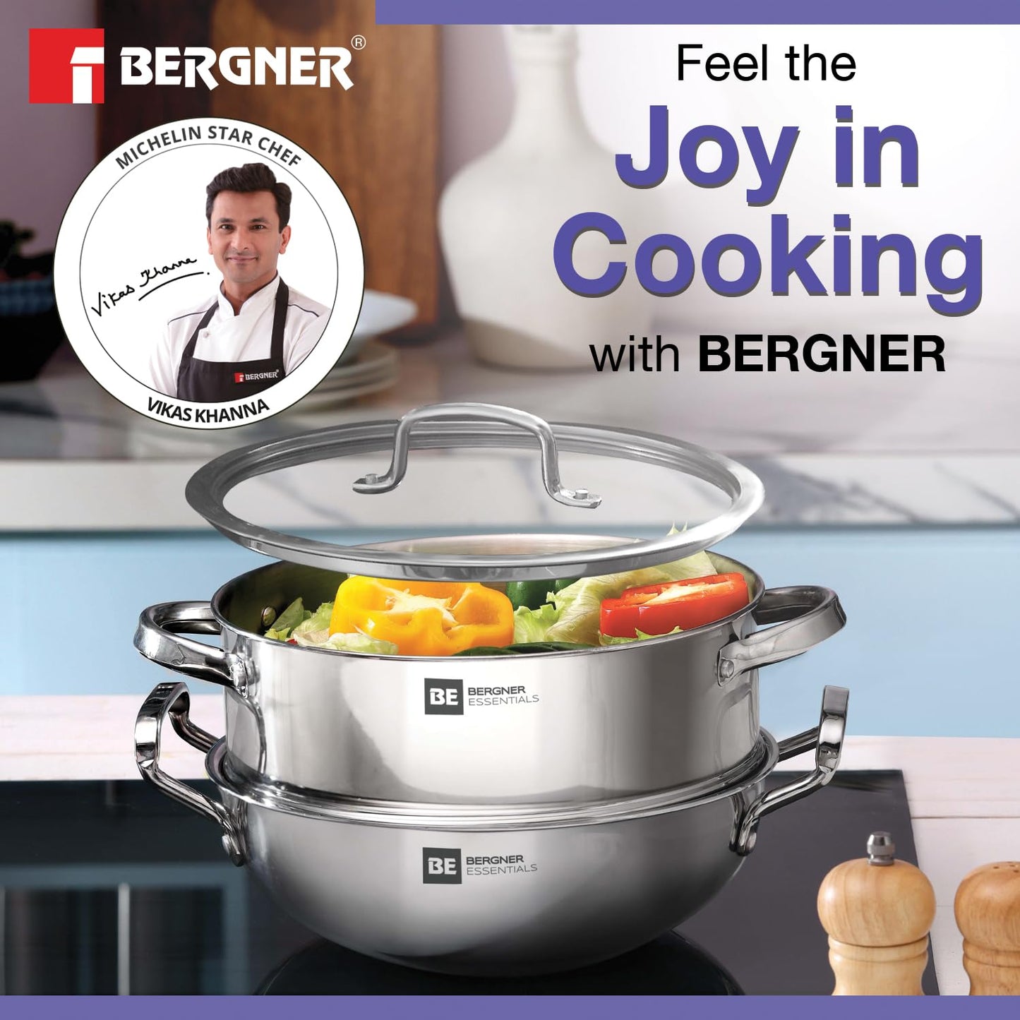 Bergner BE Bergner Essentials Tri-Ply Stainless Steel 3 Pcs Cookware Set of 24 cm Kadai and Steamer with Flat Glass Lid, Kadhai and Steamer Set, Induction, Silver, 5-Year Warranty by Bergner