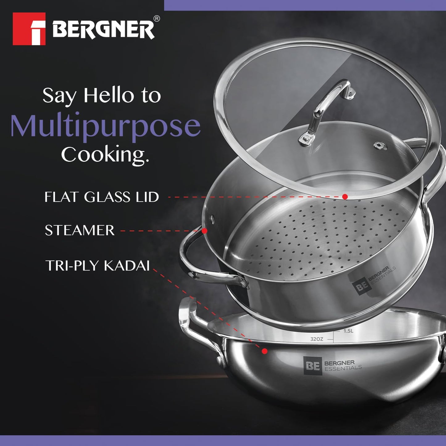 Bergner BE Bergner Essentials Tri-Ply Stainless Steel 3 Pcs Cookware Set of 24 cm Kadai and Steamer with Flat Glass Lid, Kadhai and Steamer Set, Induction, Silver, 5-Year Warranty by Bergner