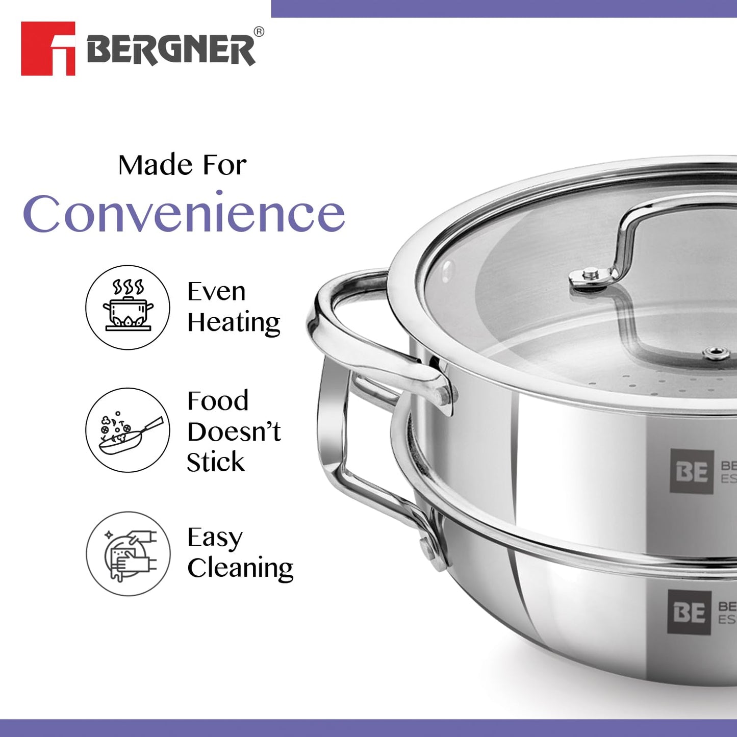 Bergner BE Bergner Essentials Tri-Ply Stainless Steel 3 Pcs Cookware Set of 24 cm Kadai and Steamer with Flat Glass Lid, Kadhai and Steamer Set, Induction, Silver, 5-Year Warranty by Bergner