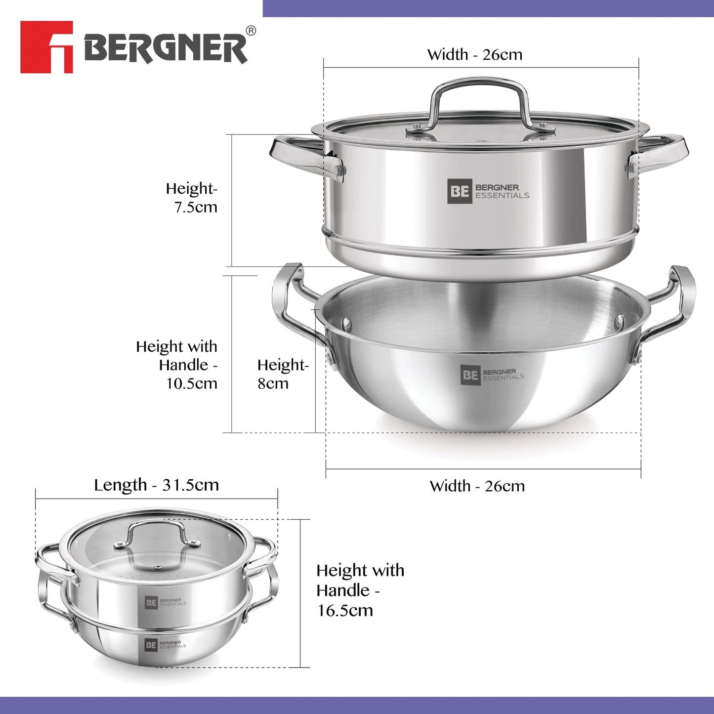 Bergner BE Bergner Essentials Tri-Ply Stainless Steel 3 Pcs Cookware Set of 24 cm Kadai and Steamer with Flat Glass Lid, Kadhai and Steamer Set, Induction, Silver, 5-Year Warranty by Bergner