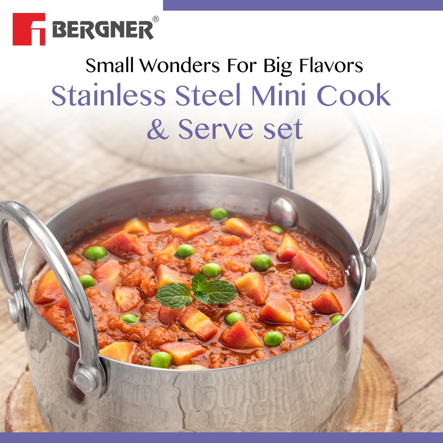 Bergner BE Bergner Essentials Stainless Steel Mini Hammered 3 Pcs Serving Set with Capacity of 10 cm / 400 ml, 12 cm / 700 ml & 14 cm / 1100 ml, 5-Year Warranty by Bergner, Silver