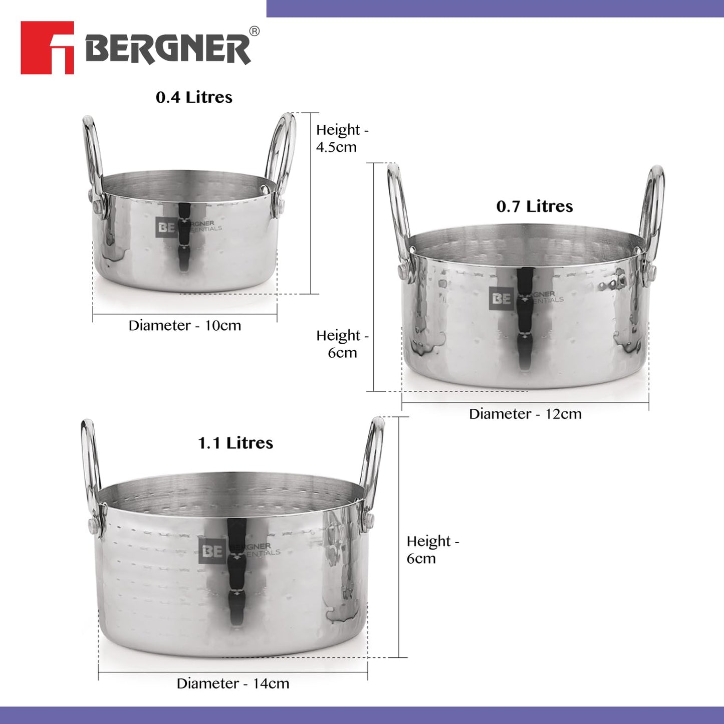 Bergner BE Bergner Essentials Stainless Steel Mini Hammered 3 Pcs Serving Set with Capacity of 10 cm / 400 ml, 12 cm / 700 ml & 14 cm / 1100 ml, 5-Year Warranty by Bergner, Silver