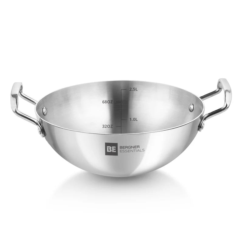 Bergner BE Bergner Essentials TriPly Stainless Steel Extra Deep Kadai - Gas Stove Compatible (5-Year Warranty)