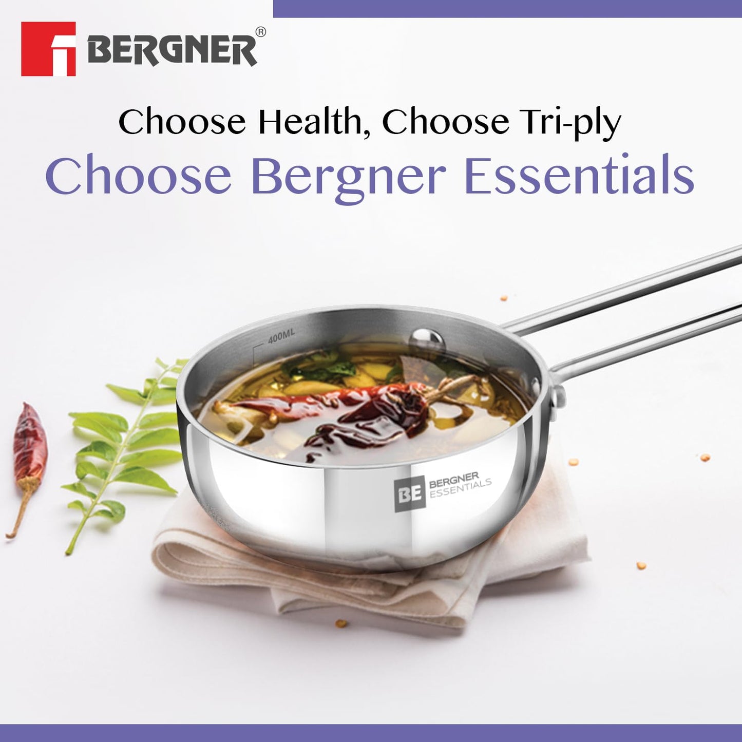 Bergner BE Bergner Essentials Tri-Ply Stainless Steel Tadka Pan - Induction Bottom (5-Year Warranty)