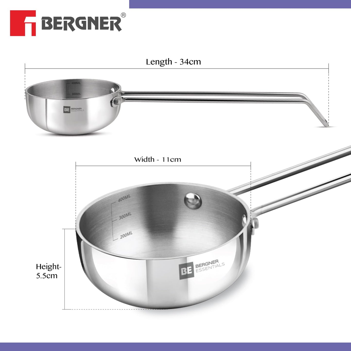 Bergner BE Bergner Essentials Tri-Ply Stainless Steel Tadka Pan - Induction Bottom (5-Year Warranty)