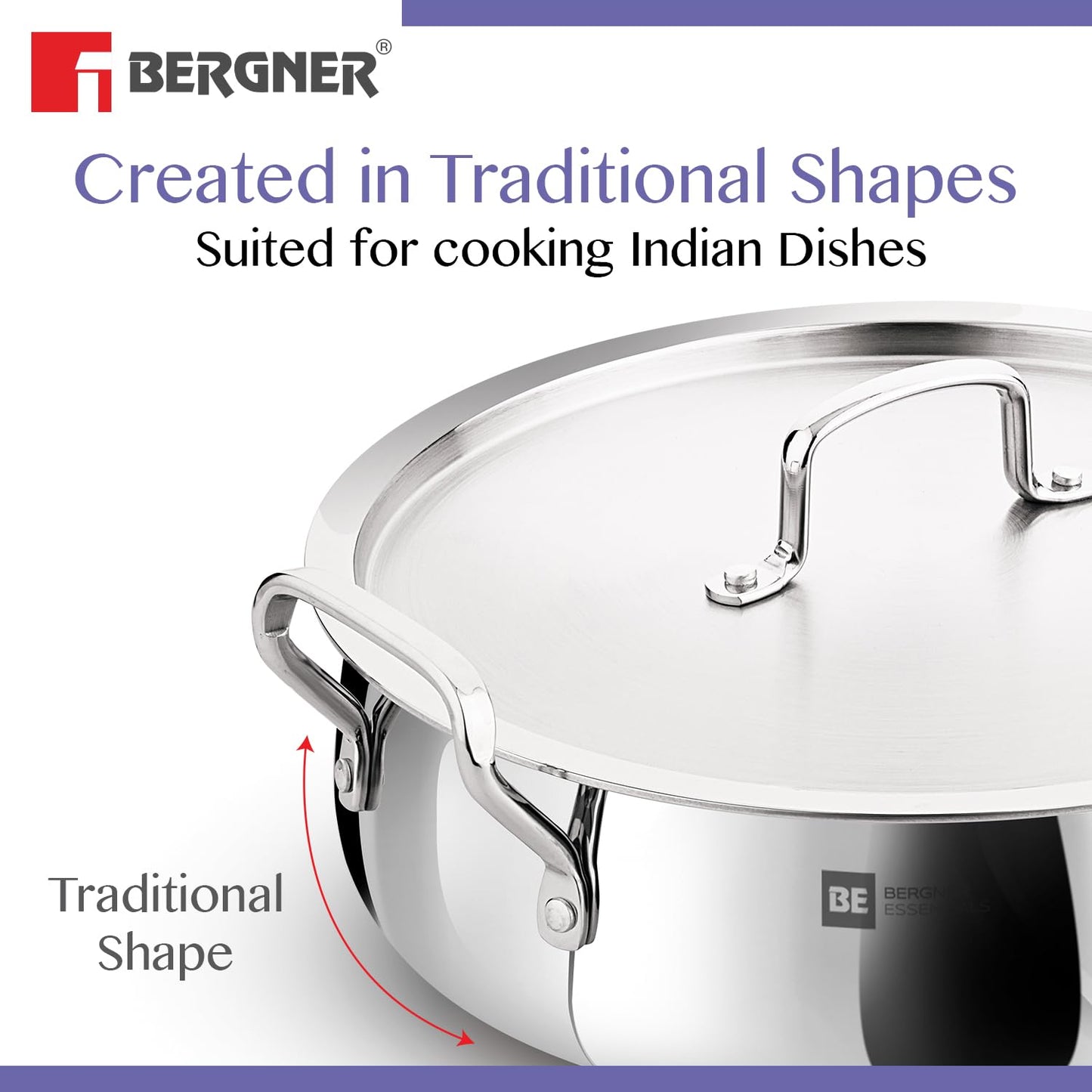 Bergner BE Bergner Essentials TriPly Stainless Steel Biryani Handi with Lid - Induction Bottom (5-Year Warranty)