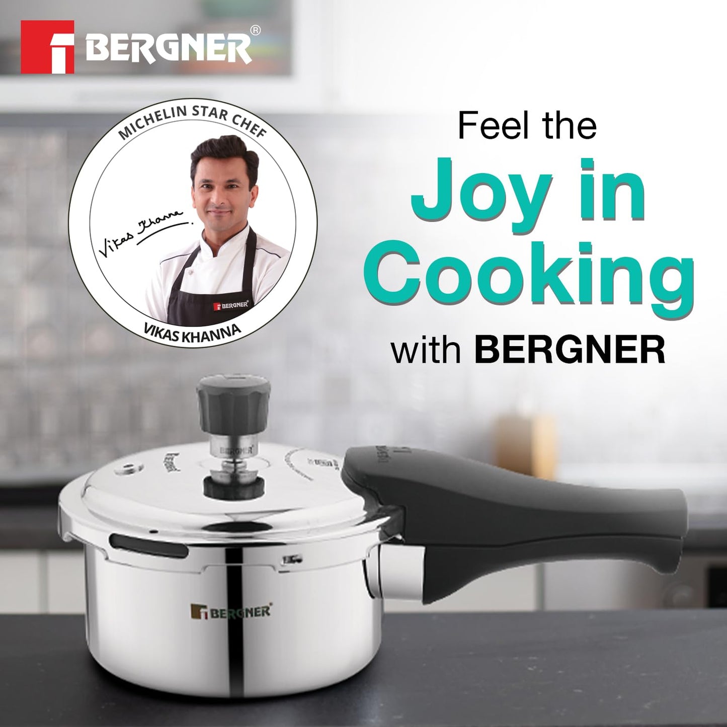 Bergner Tri-Max Junior TriPly 1 Litre Pressure Cooker, Triply Heavy Bottom Outer Lid Mini Pressure Cooker, 1 Pc Free Safety Valve, Measuring Scale Inside - Induction Bottom and Gas Stove Ready