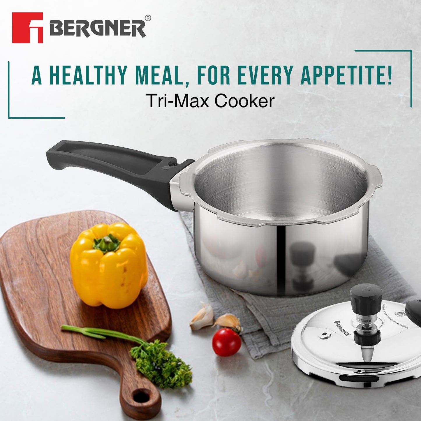 Bergner Tri-Max Junior TriPly 1 Litre Pressure Cooker, Triply Heavy Bottom Outer Lid Mini Pressure Cooker, 1 Pc Free Safety Valve, Measuring Scale Inside - Induction Bottom and Gas Stove Ready