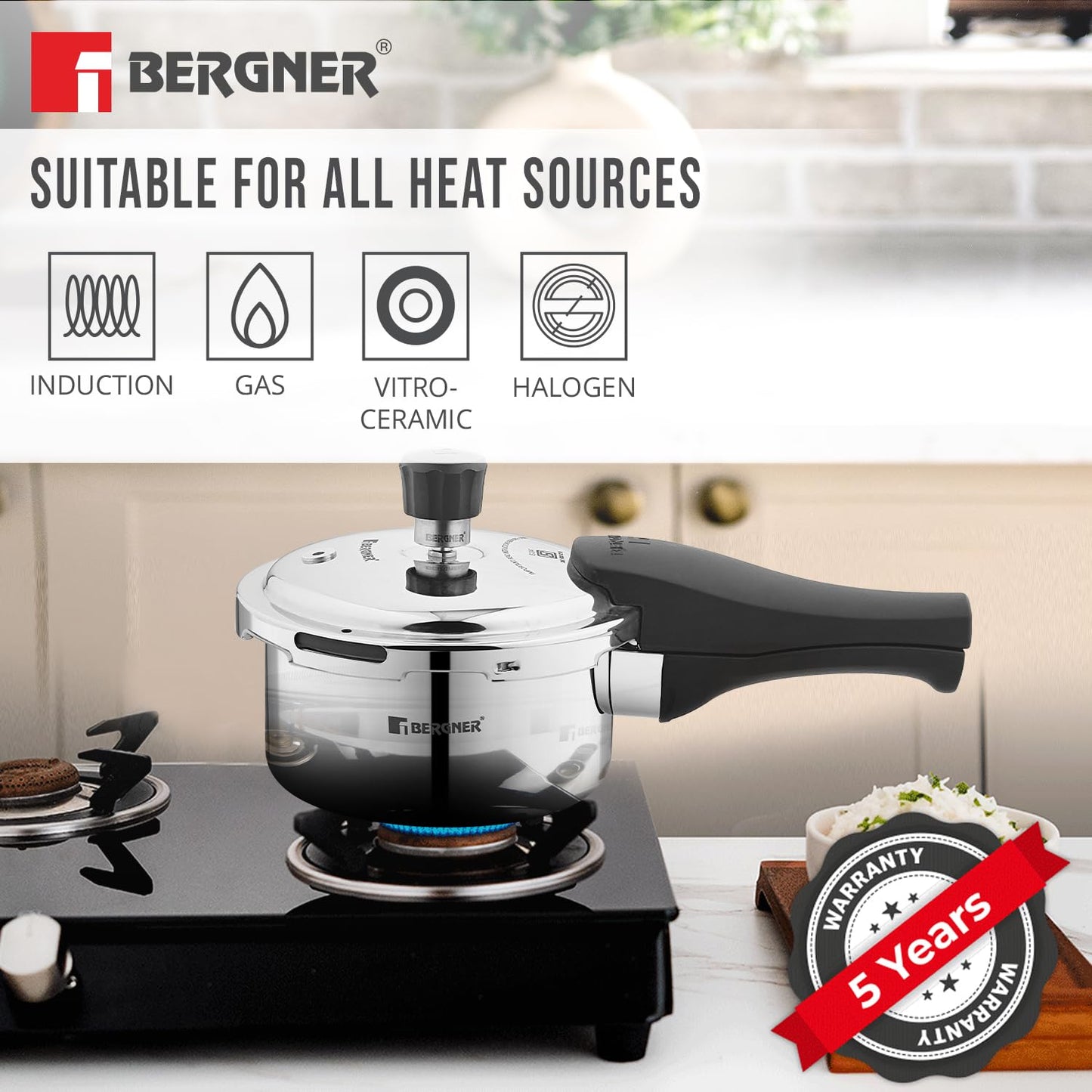 Bergner Tri-Max Junior TriPly 1 Litre Pressure Cooker, Triply Heavy Bottom Outer Lid Mini Pressure Cooker, 1 Pc Free Safety Valve, Measuring Scale Inside - Induction Bottom and Gas Stove Ready