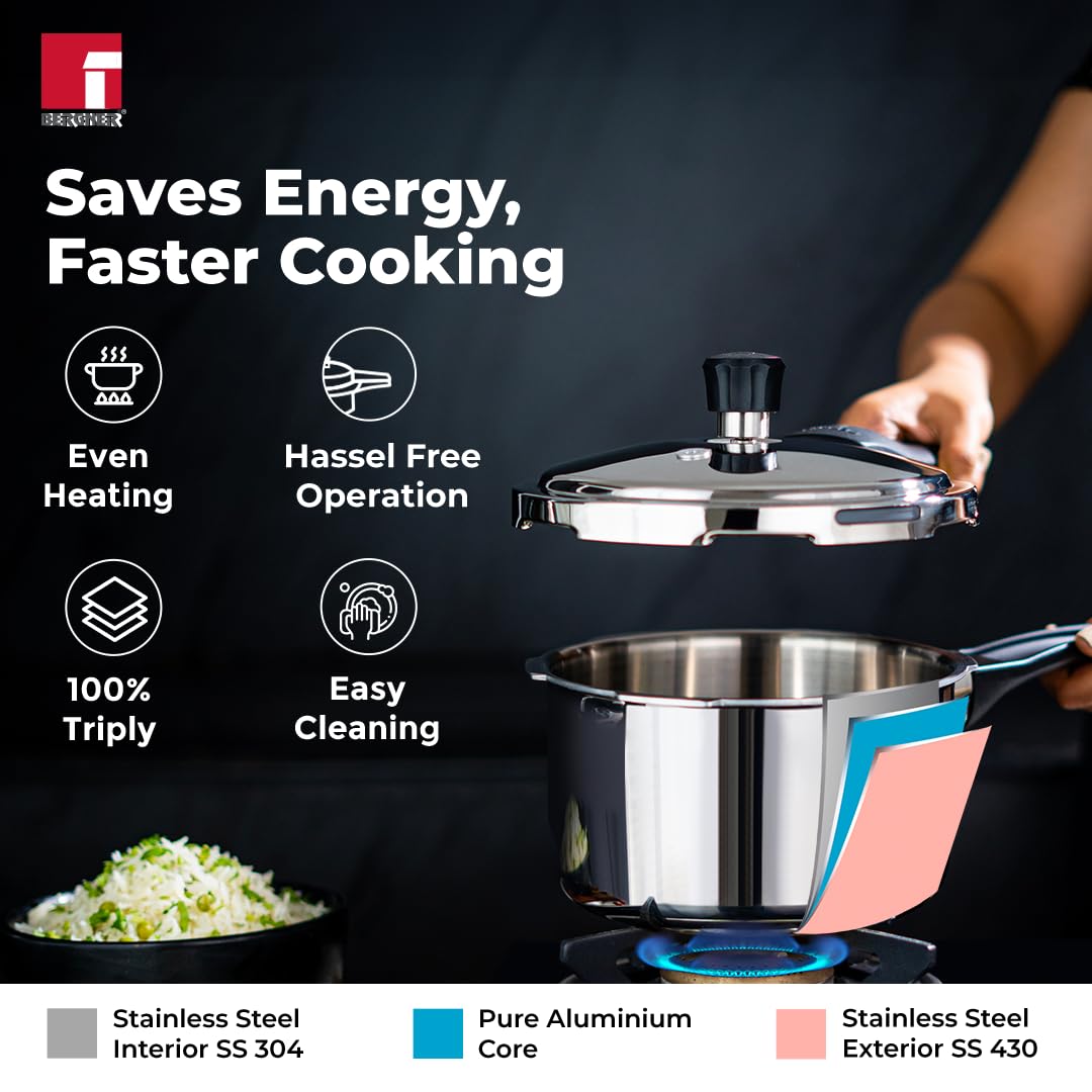 Bergner Trimax Stainless Steel  Outer Lid Pressure Cooker | Silver Steel Cooker | Durable Triply Construction | Easy Locking | Silicone Gasket | Induction & Gas Ready