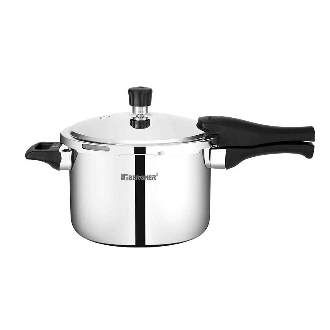 Bergner Trimax Stainless Steel  Outer Lid Pressure Cooker | Silver Steel Cooker | Durable Triply Construction | Easy Locking | Silicone Gasket | Induction & Gas Ready