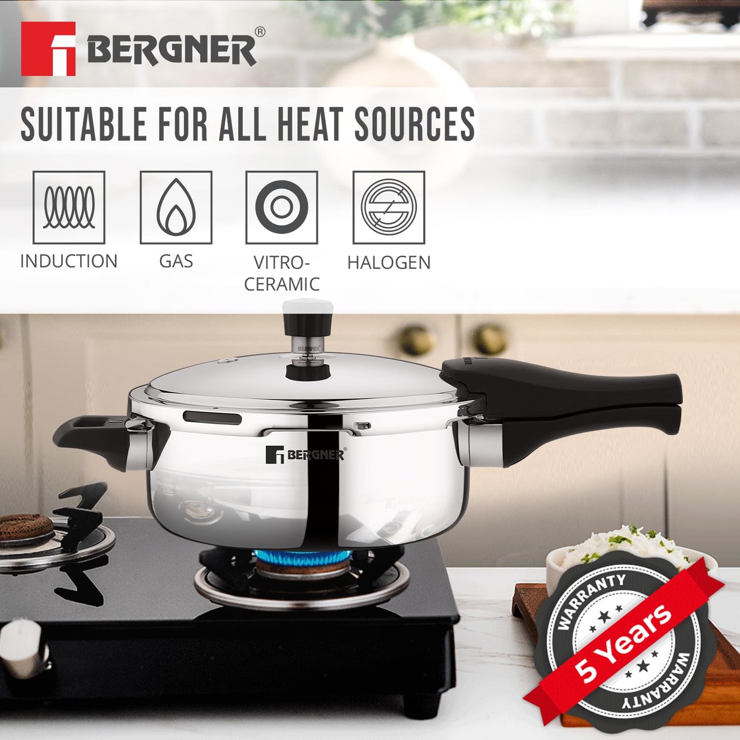 BERGNER Trimax Stainless Steel Outer Lid Pressure Pan Silver Steel Cooker Triply Construction Easy Locking Silicone Gasket Easy To Clean Induction And Gas Ready