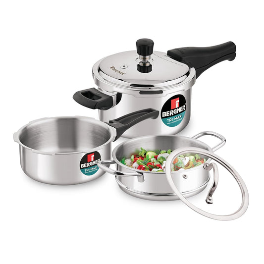 Bergner Tri-Max TriPly Multi Combo of TriPly Pressure Cooker + Pressuer Pan with Common Lid and Steamer with Flat Glass Lid, Durable, Ergonomic Handle, Induction Bottom and Gas Stove Ready