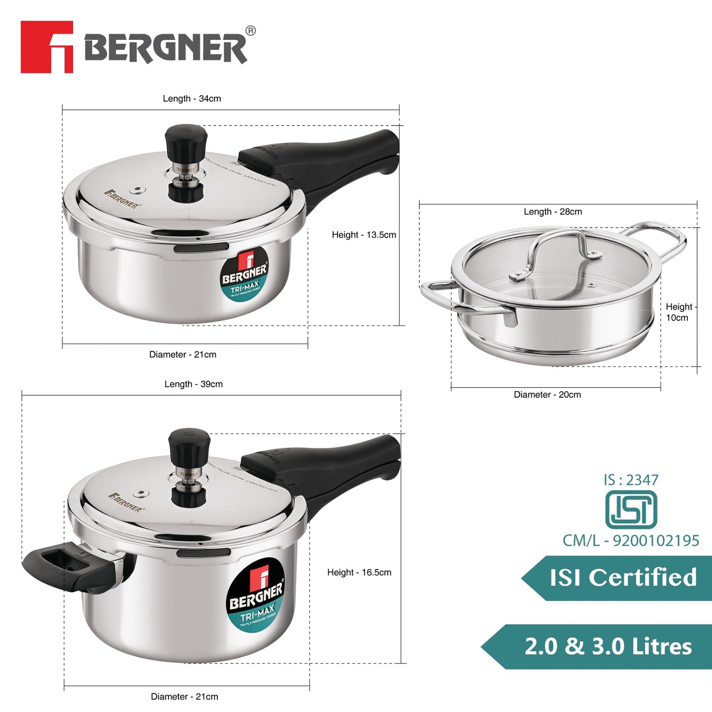 Bergner Tri-Max TriPly Multi Combo of TriPly Pressure Cooker + Pressuer Pan with Common Lid and Steamer with Flat Glass Lid, Durable, Ergonomic Handle, Induction Bottom and Gas Stove Ready