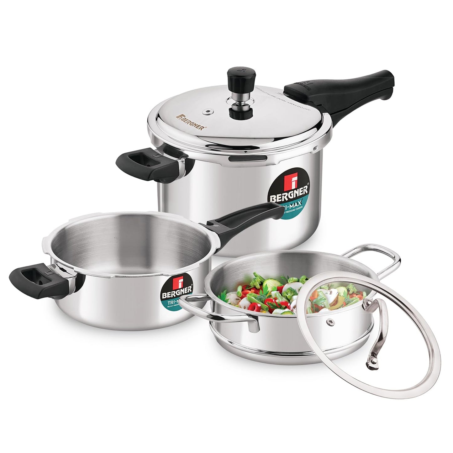 Bergner Tri-Max TriPly Multi Combo of TriPly Pressure Cooker + Pressuer Pan with Common Lid and Steamer with Flat Glass Lid, Durable, Ergonomic Handle, Induction Bottom and Gas Stove Ready