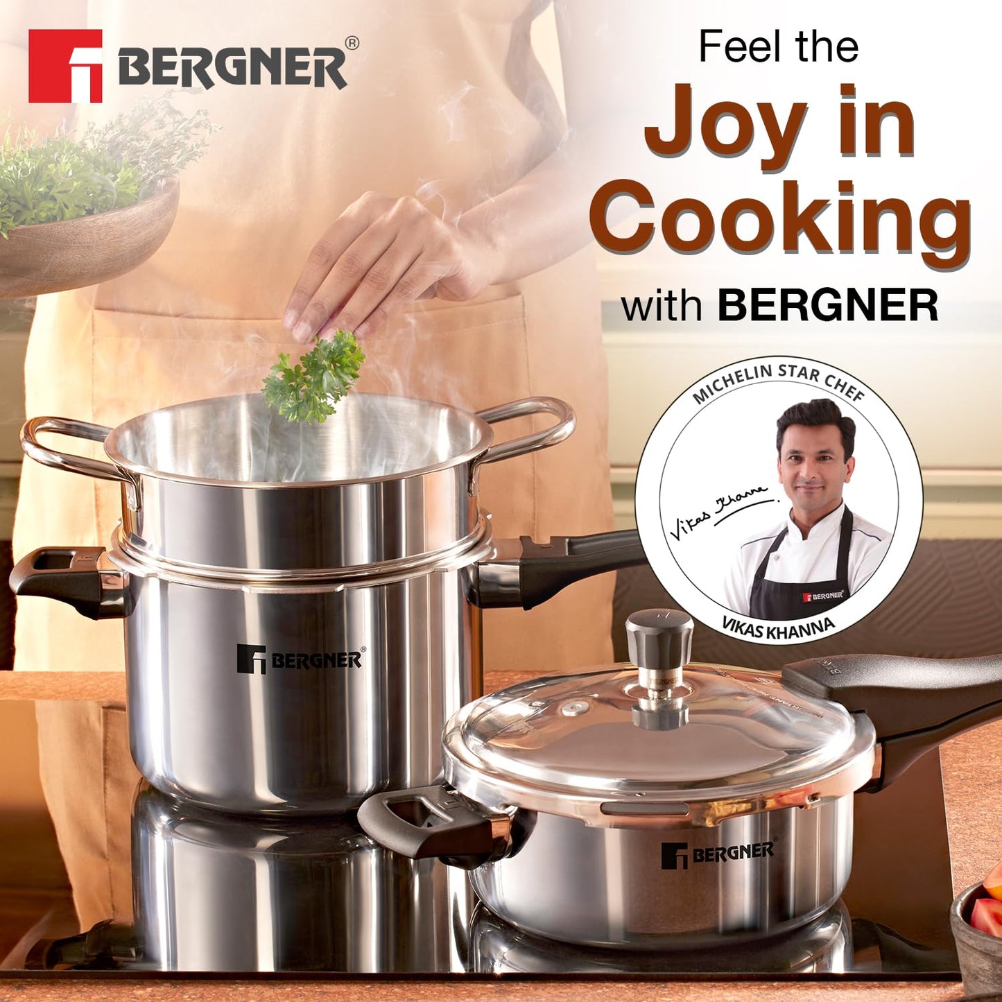 Bergner Tri-Max TriPly Multi Combo of TriPly Pressure Cooker + Pressuer Pan with Common Lid and Steamer with Flat Glass Lid, Durable, Ergonomic Handle, Induction Bottom and Gas Stove Ready