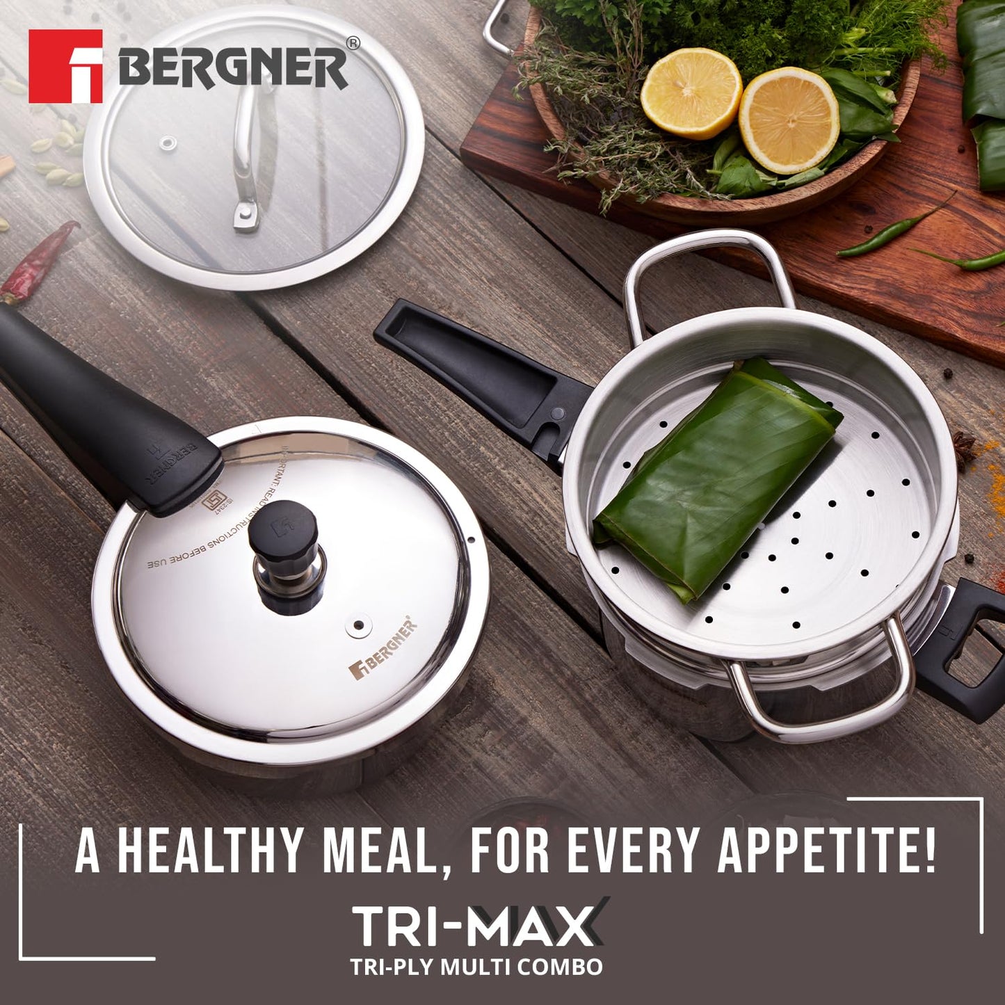 Bergner Tri-Max TriPly Multi Combo of TriPly Pressure Cooker + Pressuer Pan with Common Lid and Steamer with Flat Glass Lid, Durable, Ergonomic Handle, Induction Bottom and Gas Stove Ready