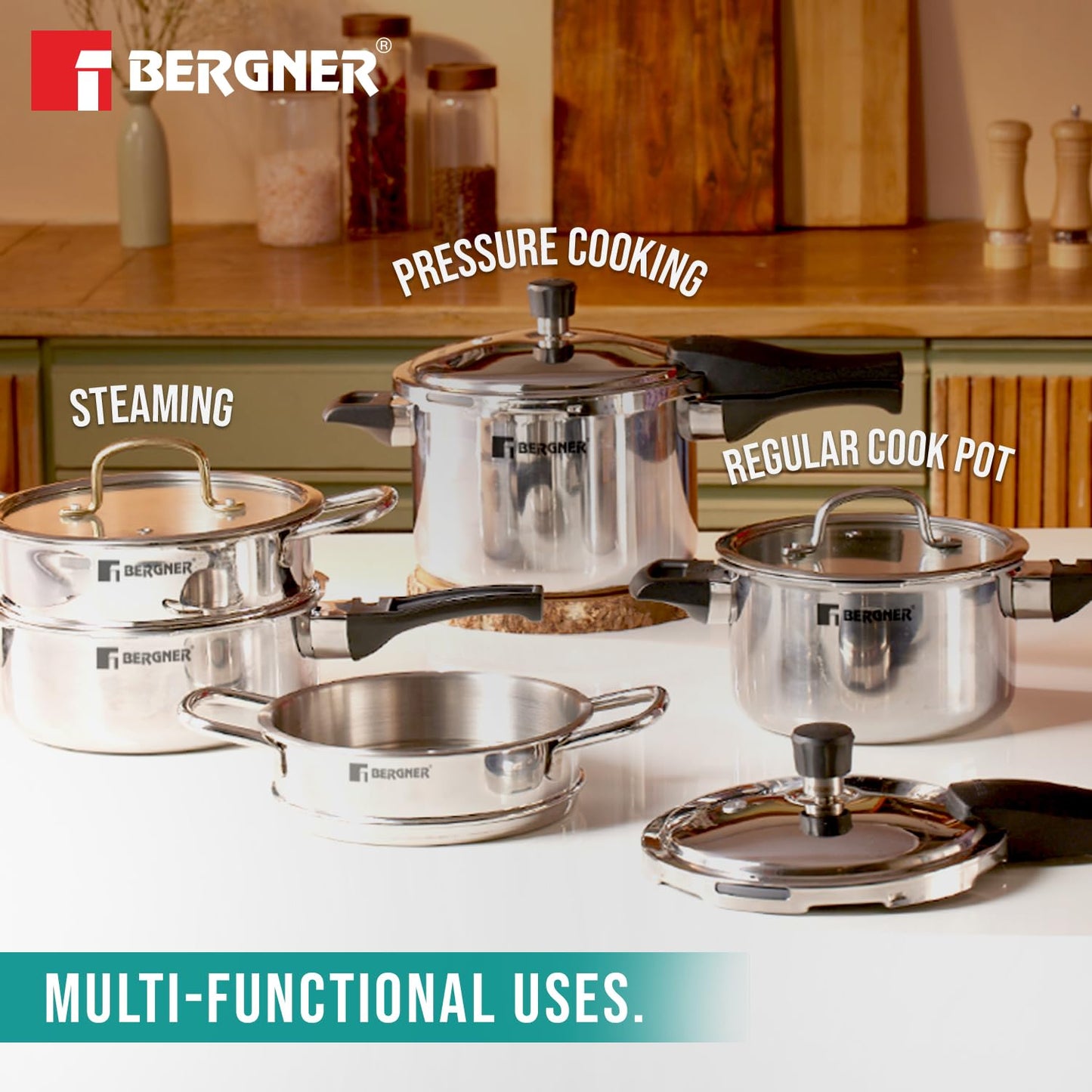 Bergner Tri-Max TriPly Multi Combo of TriPly Pressure Cooker + Pressuer Pan with Common Lid and Steamer with Flat Glass Lid, Durable, Ergonomic Handle, Induction Bottom and Gas Stove Ready