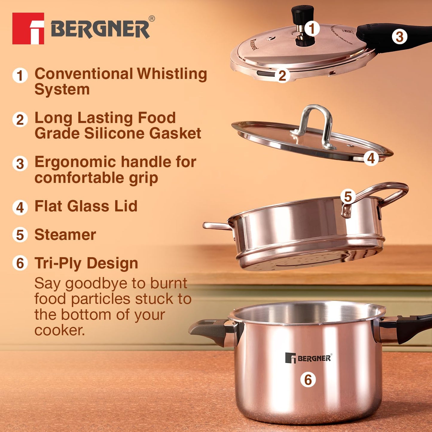 Bergner Tri-Max TriPly Multi Combo of TriPly Pressure Cooker + Pressuer Pan with Common Lid and Steamer with Flat Glass Lid, Durable, Ergonomic Handle, Induction Bottom and Gas Stove Ready