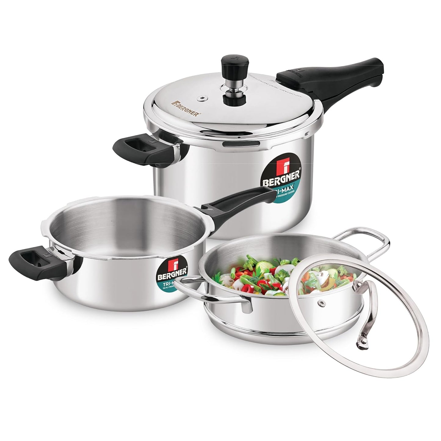 Bergner Tri-Max TriPly Multi Combo of TriPly Pressure Cooker + Pressuer Pan with Common Lid and Steamer with Flat Glass Lid, Durable, Ergonomic Handle, Induction Bottom and Gas Stove Ready