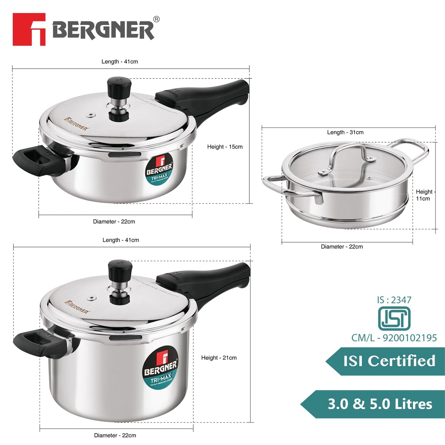 Bergner Tri-Max TriPly Multi Combo of TriPly Pressure Cooker + Pressuer Pan with Common Lid and Steamer with Flat Glass Lid, Durable, Ergonomic Handle, Induction Bottom and Gas Stove Ready