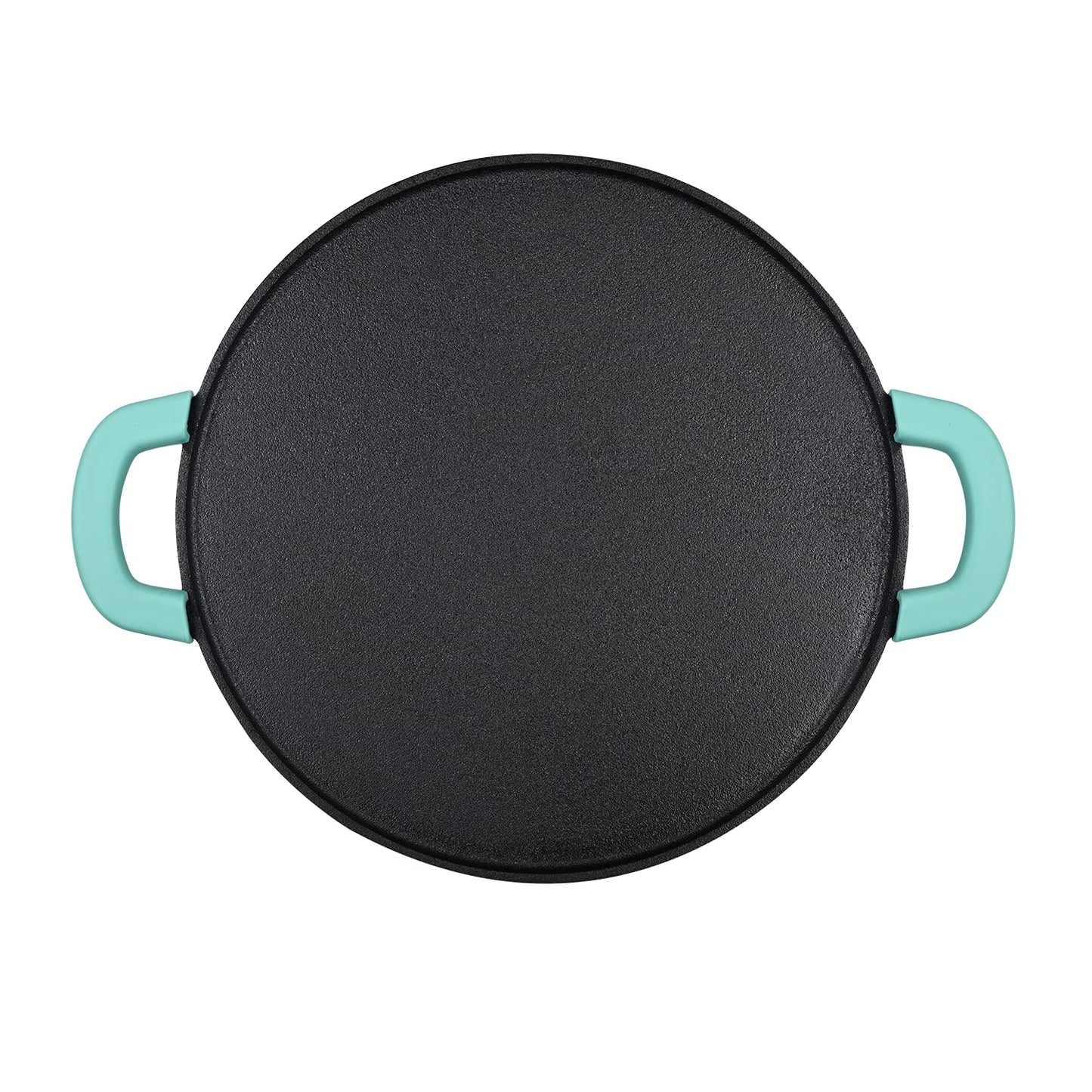 Bergner Elements Cast Iron 30 cm Flat Tawa, Pre-Seasoned, for Paratha/Dosa/Pav Bhaji/Wraps/Tortilla/Uttapam/Pancake/Crepe/Eggs/Toast, 2X Teal Blue Silicone Handles, Induction & Gas Ready