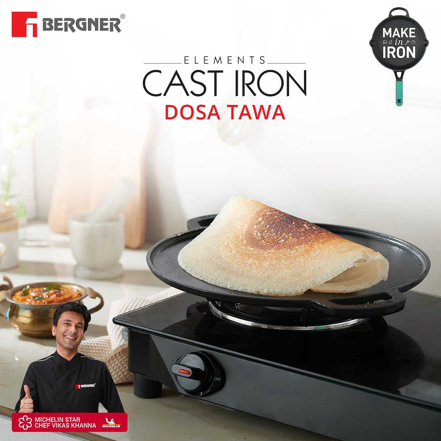 Bergner Elements Cast Iron 30 cm Flat Tawa, Pre-Seasoned, for Paratha/Dosa/Pav Bhaji/Wraps/Tortilla/Uttapam/Pancake/Crepe/Eggs/Toast, 2X Teal Blue Silicone Handles, Induction & Gas Ready