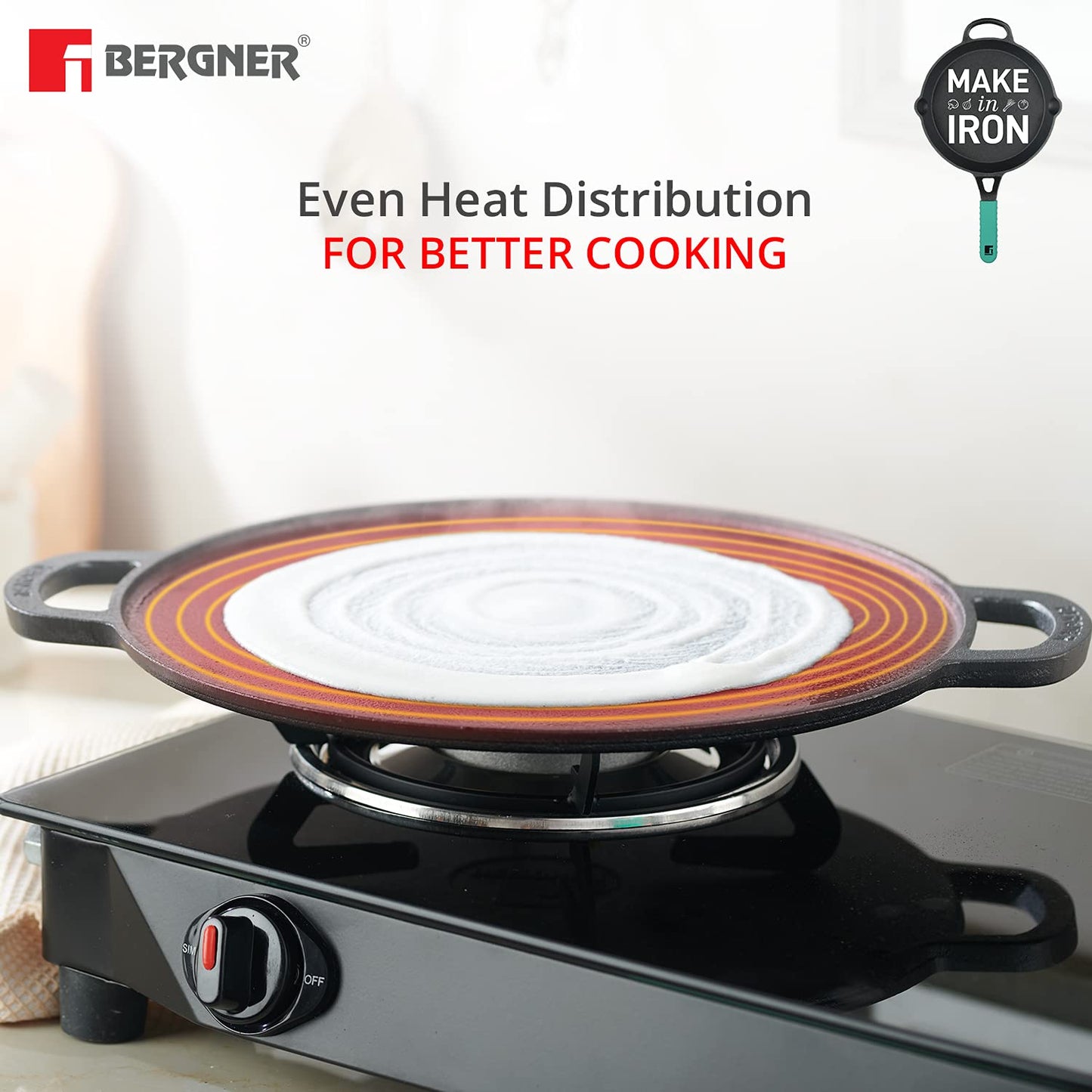 Bergner Elements Cast Iron 30 cm Flat Tawa, Pre-Seasoned, for Paratha/Dosa/Pav Bhaji/Wraps/Tortilla/Uttapam/Pancake/Crepe/Eggs/Toast, 2X Teal Blue Silicone Handles, Induction & Gas Ready