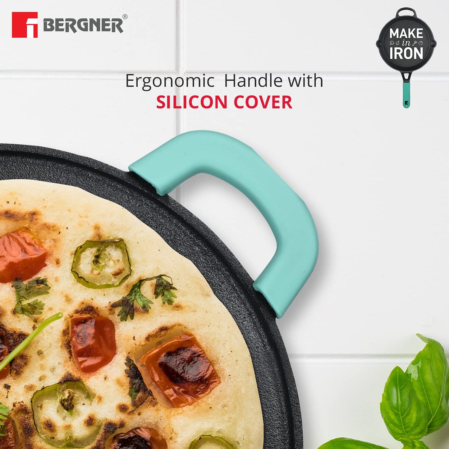 Bergner Elements Cast Iron 30 cm Flat Tawa, Pre-Seasoned, for Paratha/Dosa/Pav Bhaji/Wraps/Tortilla/Uttapam/Pancake/Crepe/Eggs/Toast, 2X Teal Blue Silicone Handles, Induction & Gas Ready