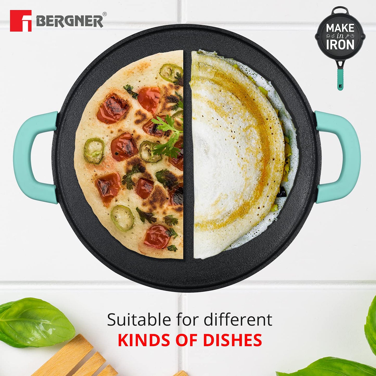 Bergner Elements Cast Iron 30 cm Flat Tawa, Pre-Seasoned, for Paratha/Dosa/Pav Bhaji/Wraps/Tortilla/Uttapam/Pancake/Crepe/Eggs/Toast, 2X Teal Blue Silicone Handles, Induction & Gas Ready